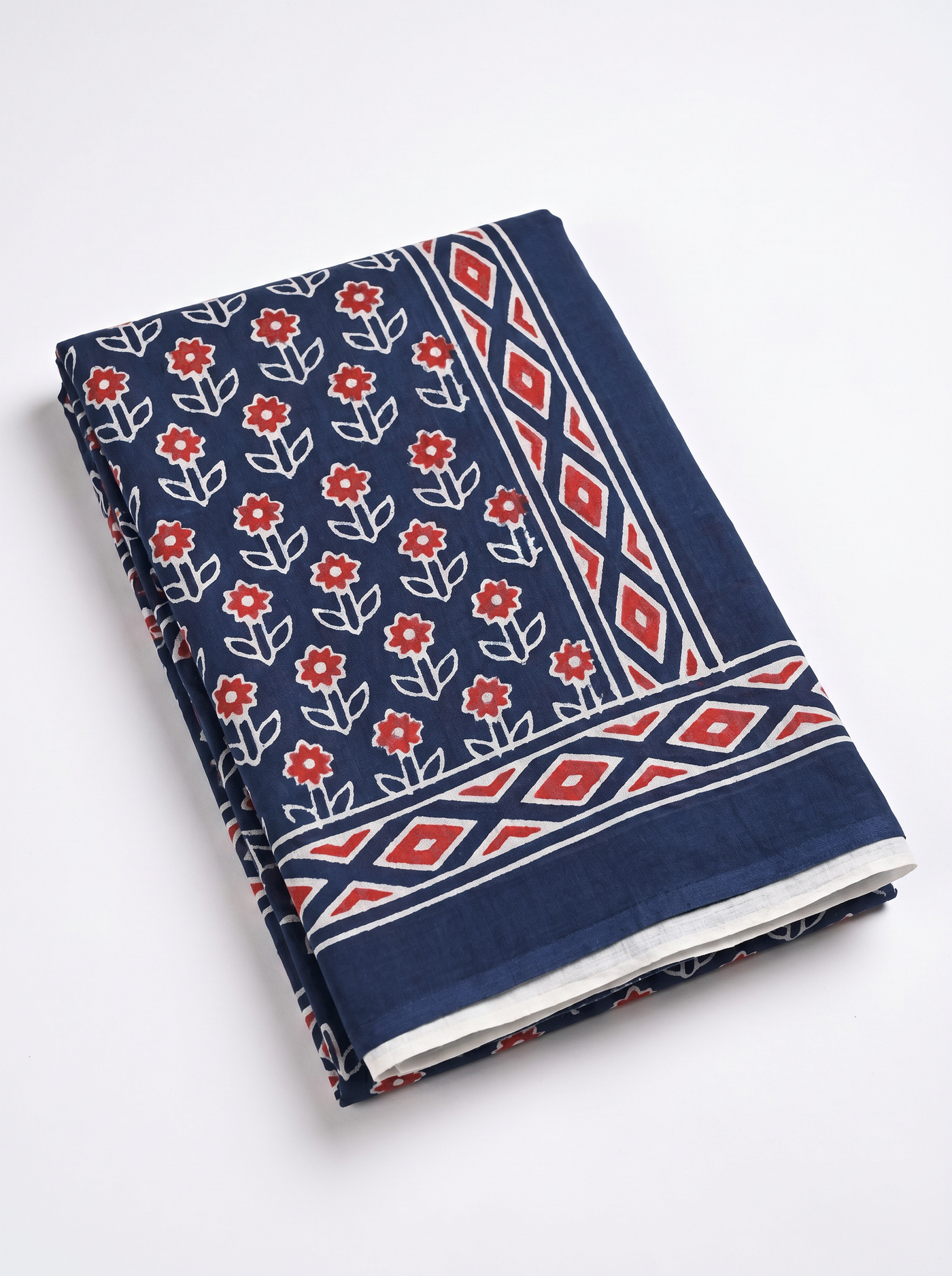 Pure Mulmul Cotton Saree | Deep Red + Ink Blue Handblock Print | Summer & Office Wear | With Blouse image 5