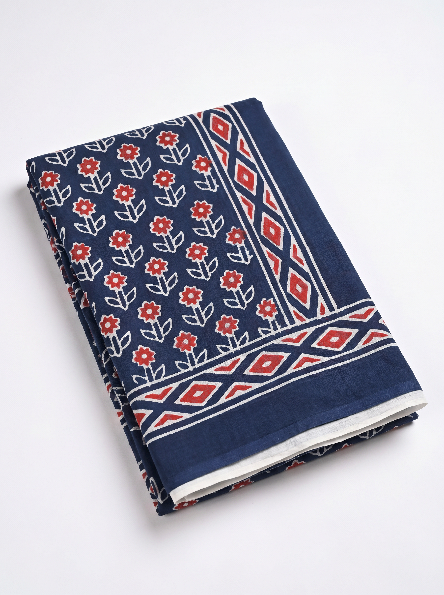 Pure Mulmul Cotton Saree | Deep Red + Ink Blue Handblock Print | Summer & Office Wear | With Blouse image 5