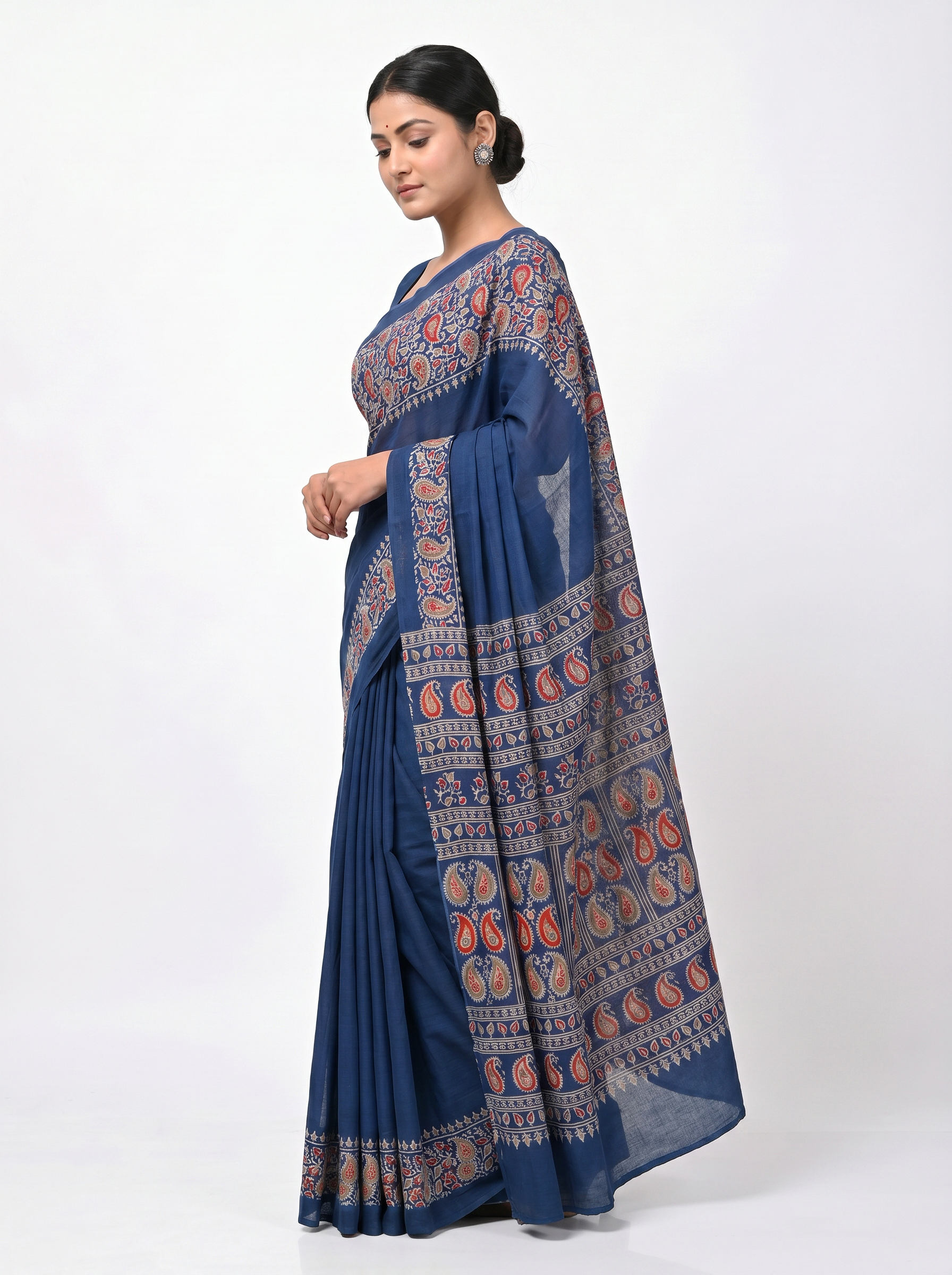 Pure Mulmul Cotton Saree | Ink Blue + Grey Handblock Print | Summer & Office Wear | With Blouse image 2