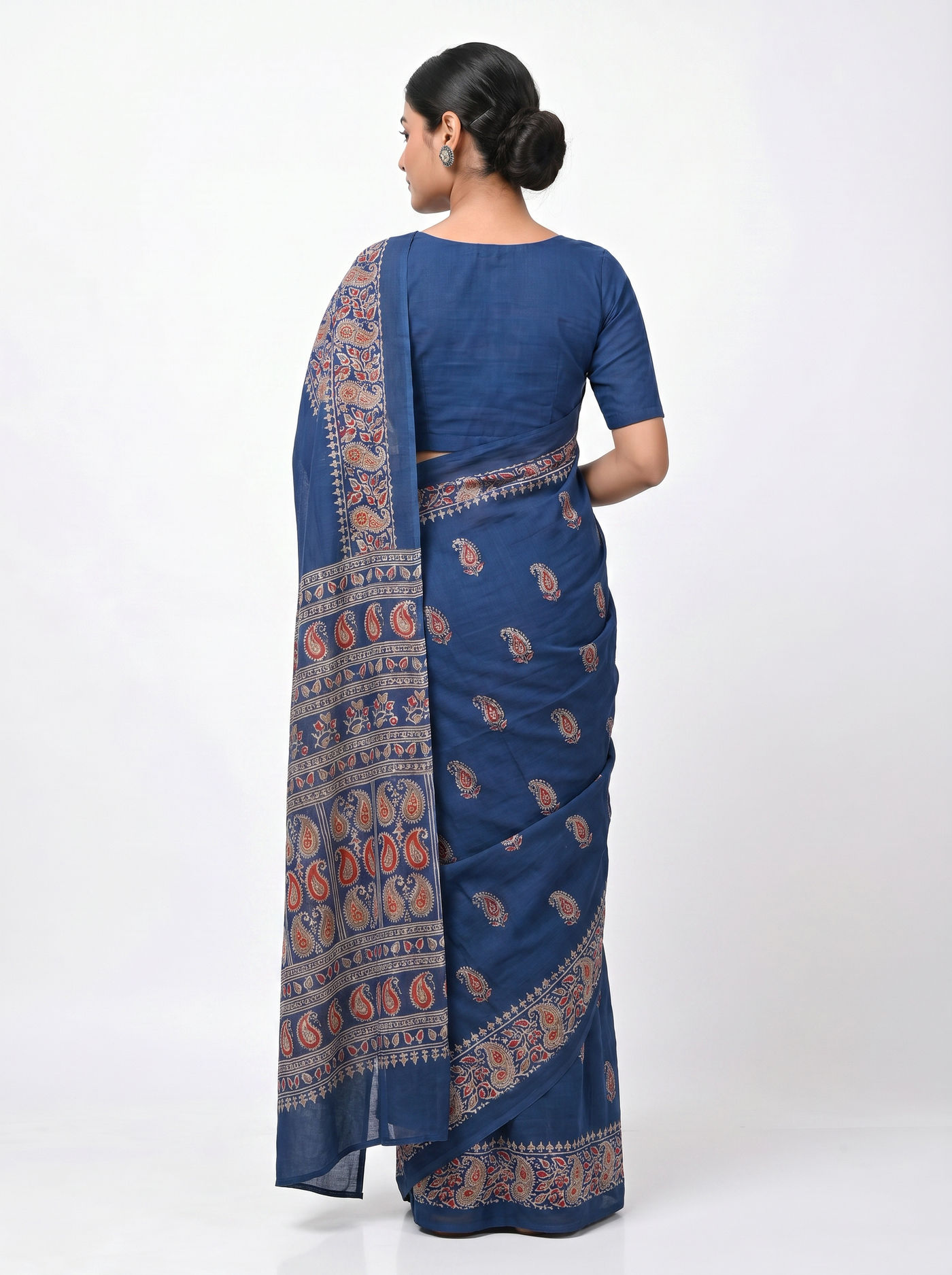 Pure Mulmul Cotton Saree | Ink Blue + Grey Handblock Print | Summer & Office Wear | With Blouse image 3