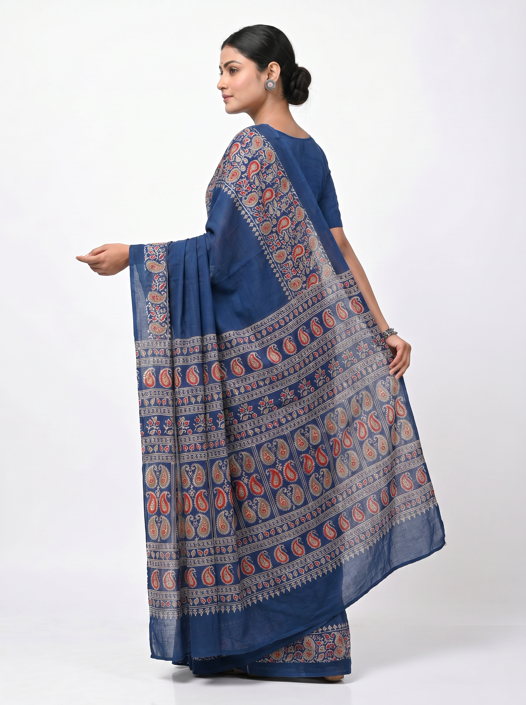 Pure Mulmul Cotton Saree | Ink Blue + Grey Handblock Print | Summer & Office Wear | With Blouse image 4