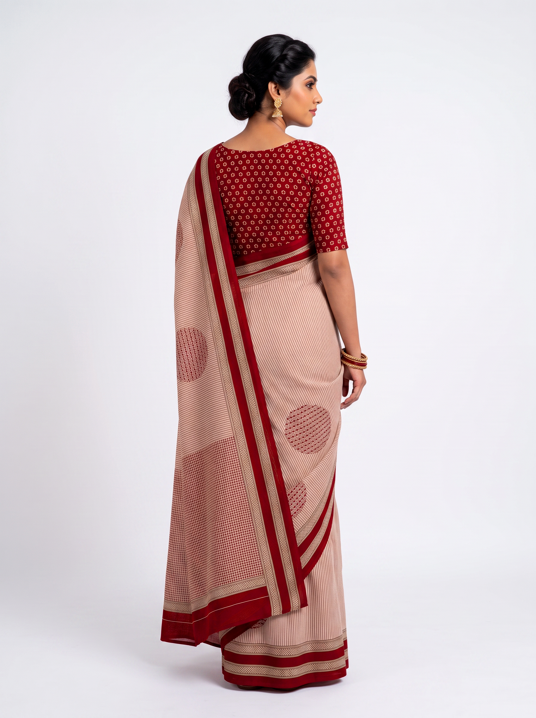 Maroon & Burnt Orange Self Design Mulmul Saree with Blouse - view 3
