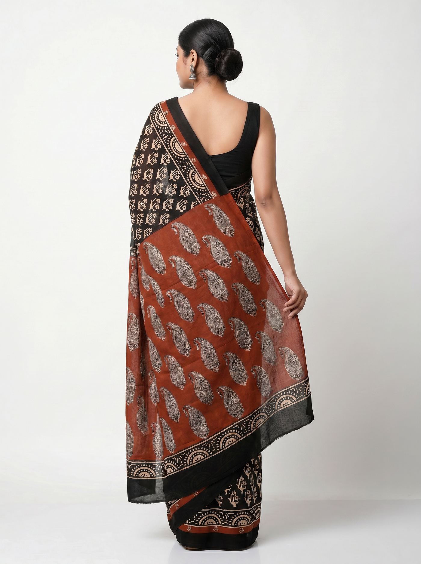 Pure Mulmul Cotton Saree | Maroon Handblock Print | Summer & Office Wear | With Blouse image 3