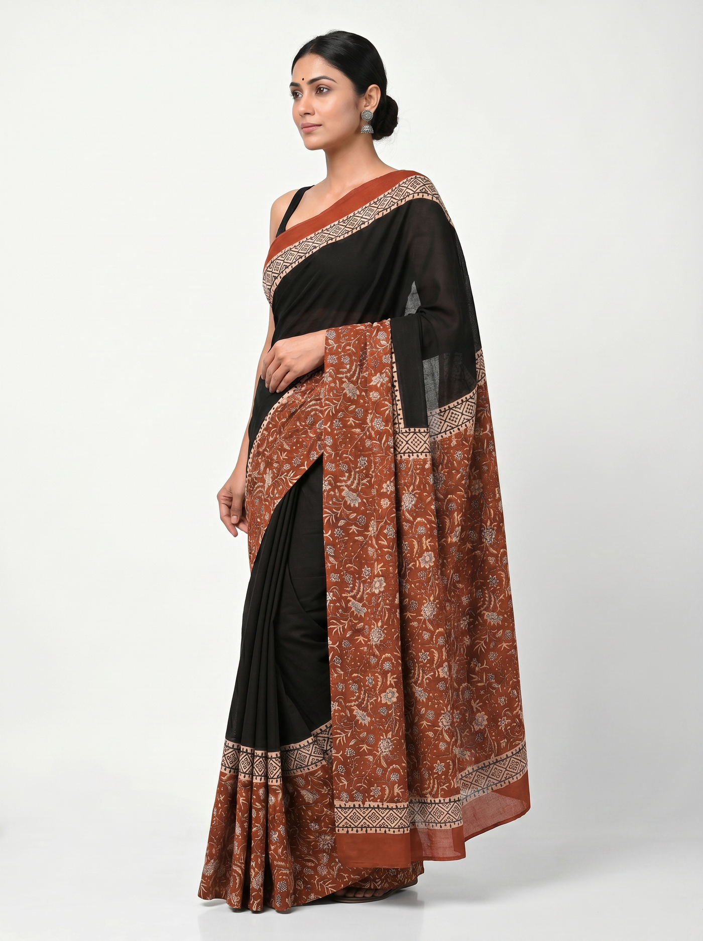 Pure Mulmul Cotton Saree | Multi Color + Maroon + Black Handblock Print | Summer & Office Wear | With Blouse image 2