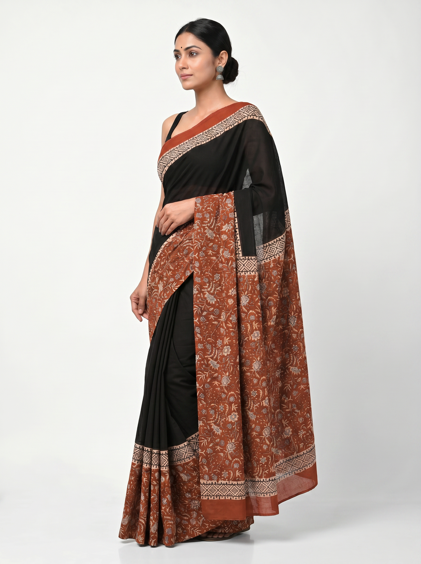 Pure Mulmul Cotton Saree | Multi Color + Maroon + Black Handblock Print | Summer & Office Wear | With Blouse image 2