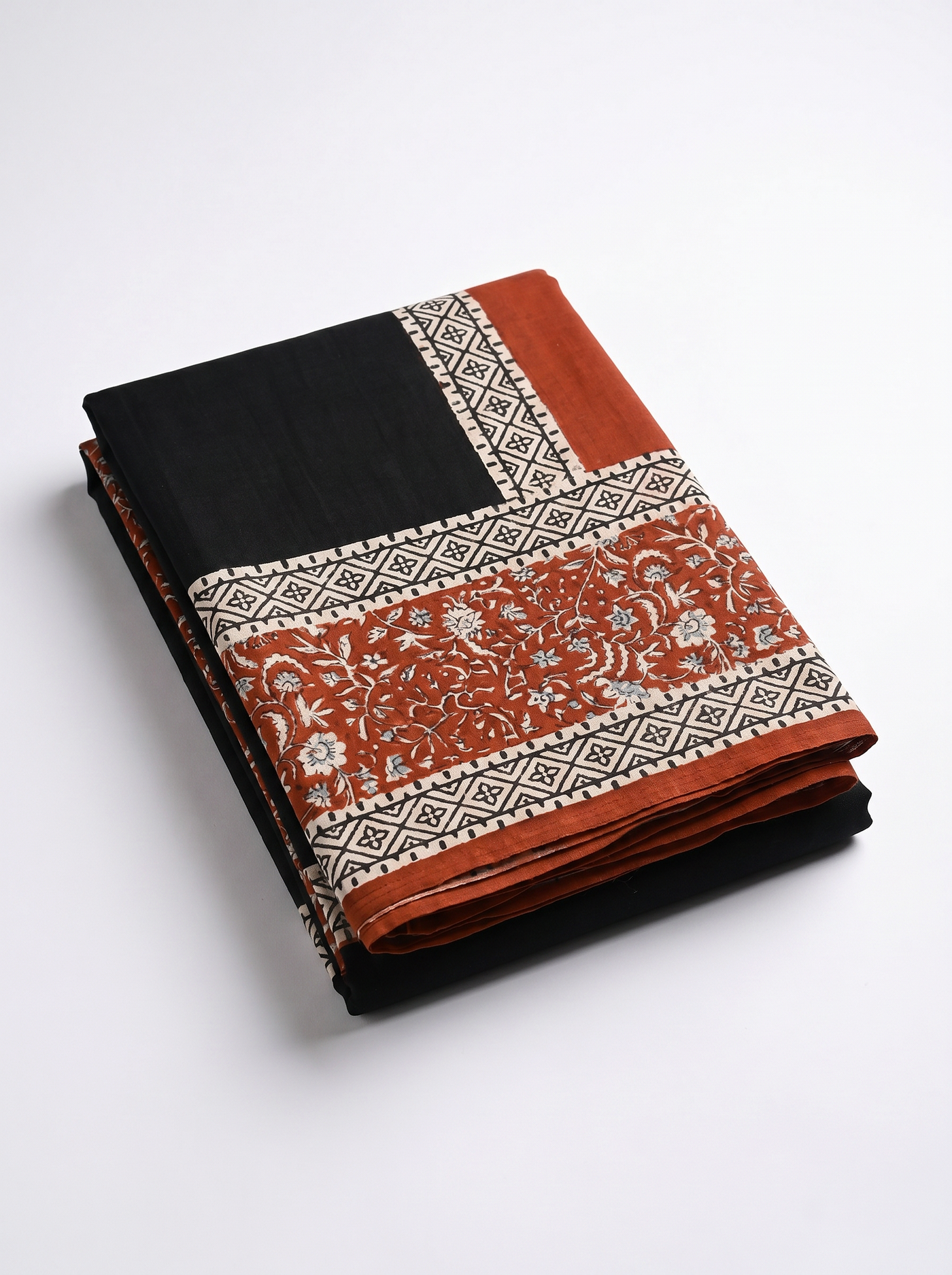 Pure Mulmul Cotton Saree | Multi Color + Maroon + Black Handblock Print | Summer & Office Wear | With Blouse image 5