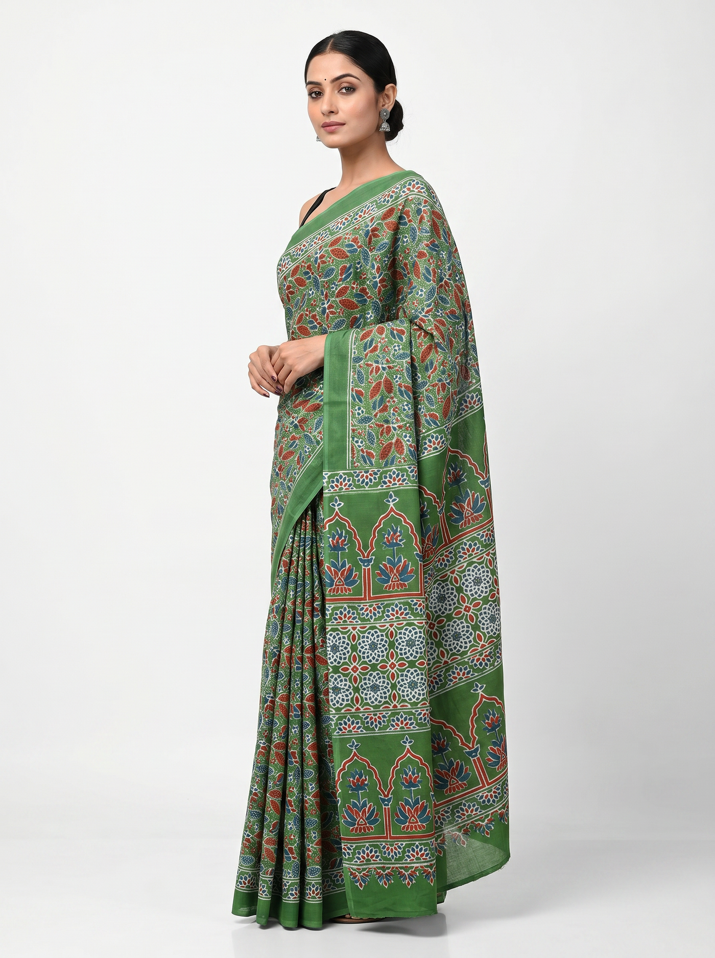 Pure Mulmul Cotton Saree | Mehendi Green + Teal Blue Handblock Print | Summer & Office Wear | With Blouse image 2