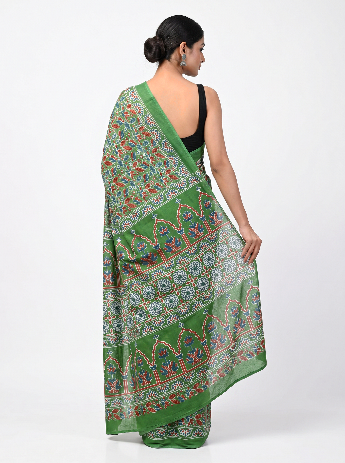 Pure Mulmul Cotton Saree | Mehendi Green + Teal Blue Handblock Print | Summer & Office Wear | With Blouse image 3