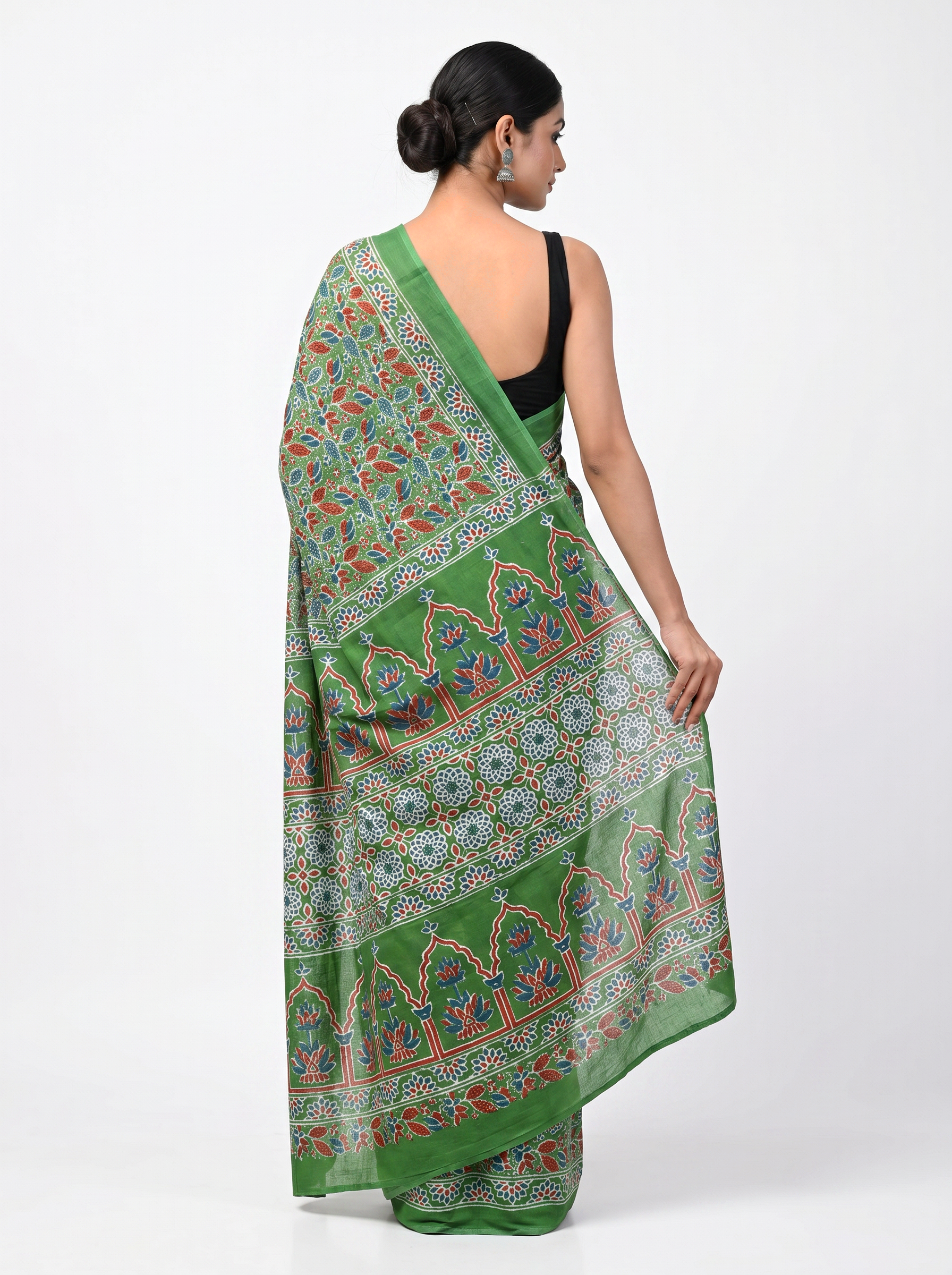 Pure Mulmul Cotton Saree | Mehendi Green + Teal Blue Handblock Print | Summer & Office Wear | With Blouse image 3