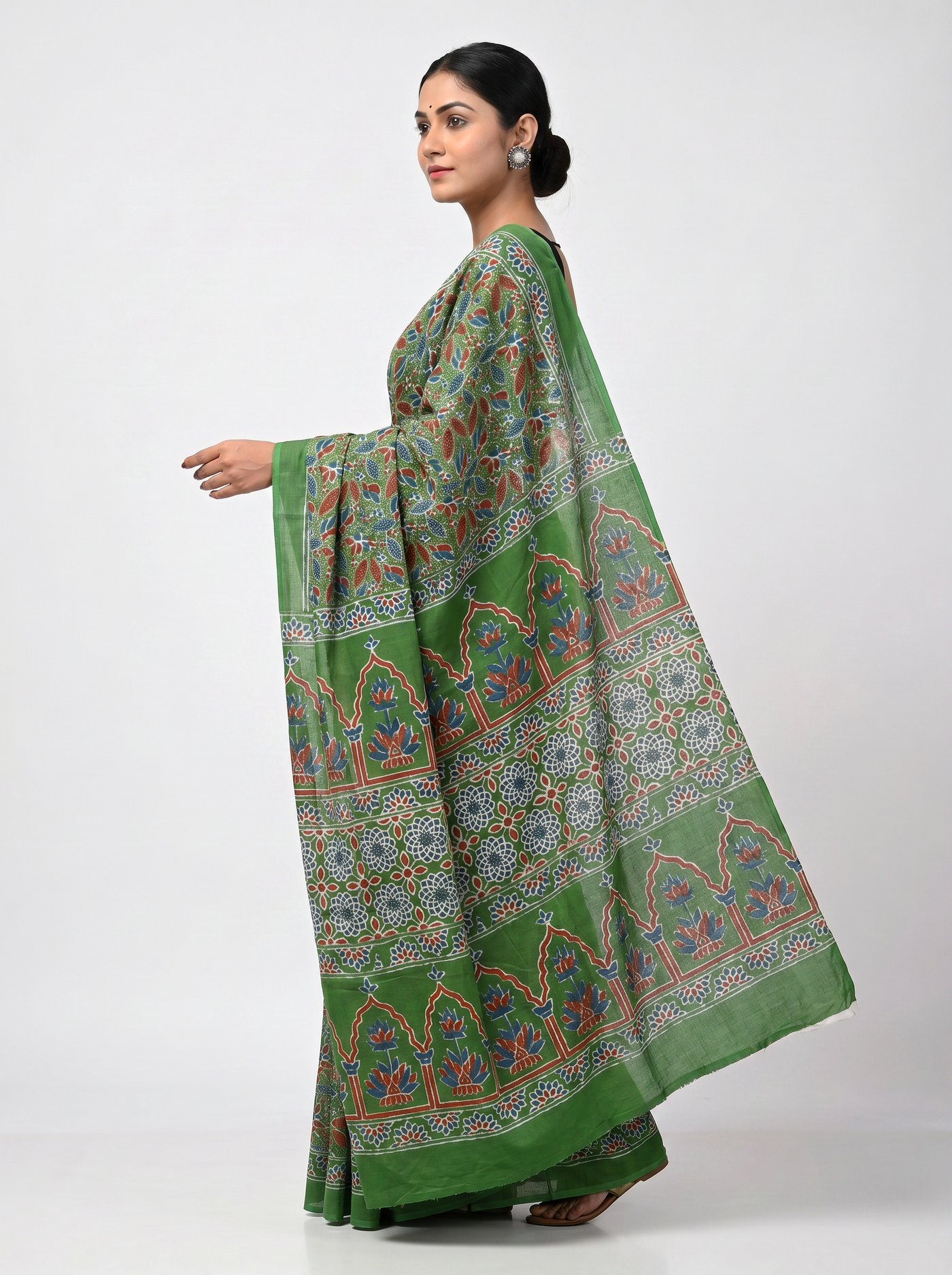 Pure Mulmul Cotton Saree | Mehendi Green + Teal Blue Handblock Print | Summer & Office Wear | With Blouse image 4
