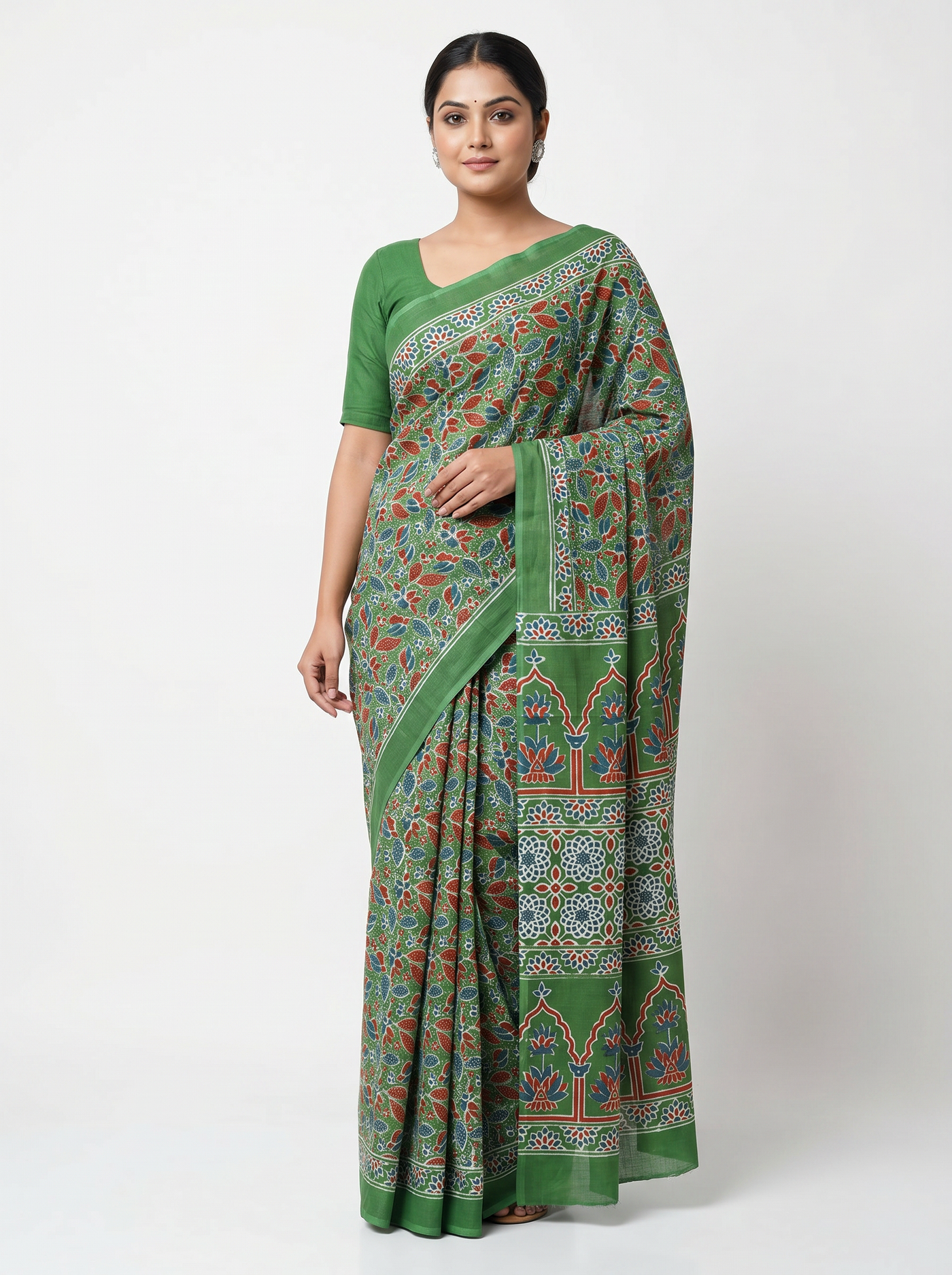 Pure Mulmul Cotton Saree | Mehendi Green + Teal Blue Handblock Print | Summer & Office Wear | With Blouse image 5