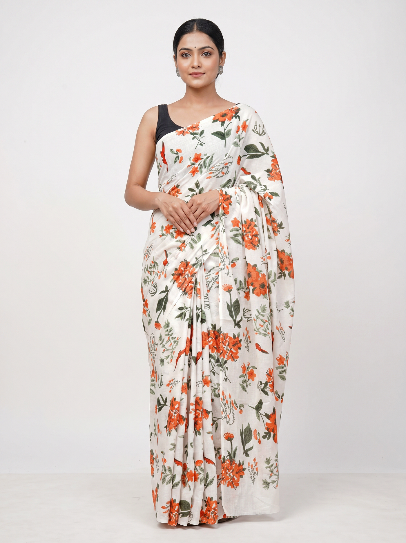 Multi Color + Off White pure mulmul cotton saree with blouse
