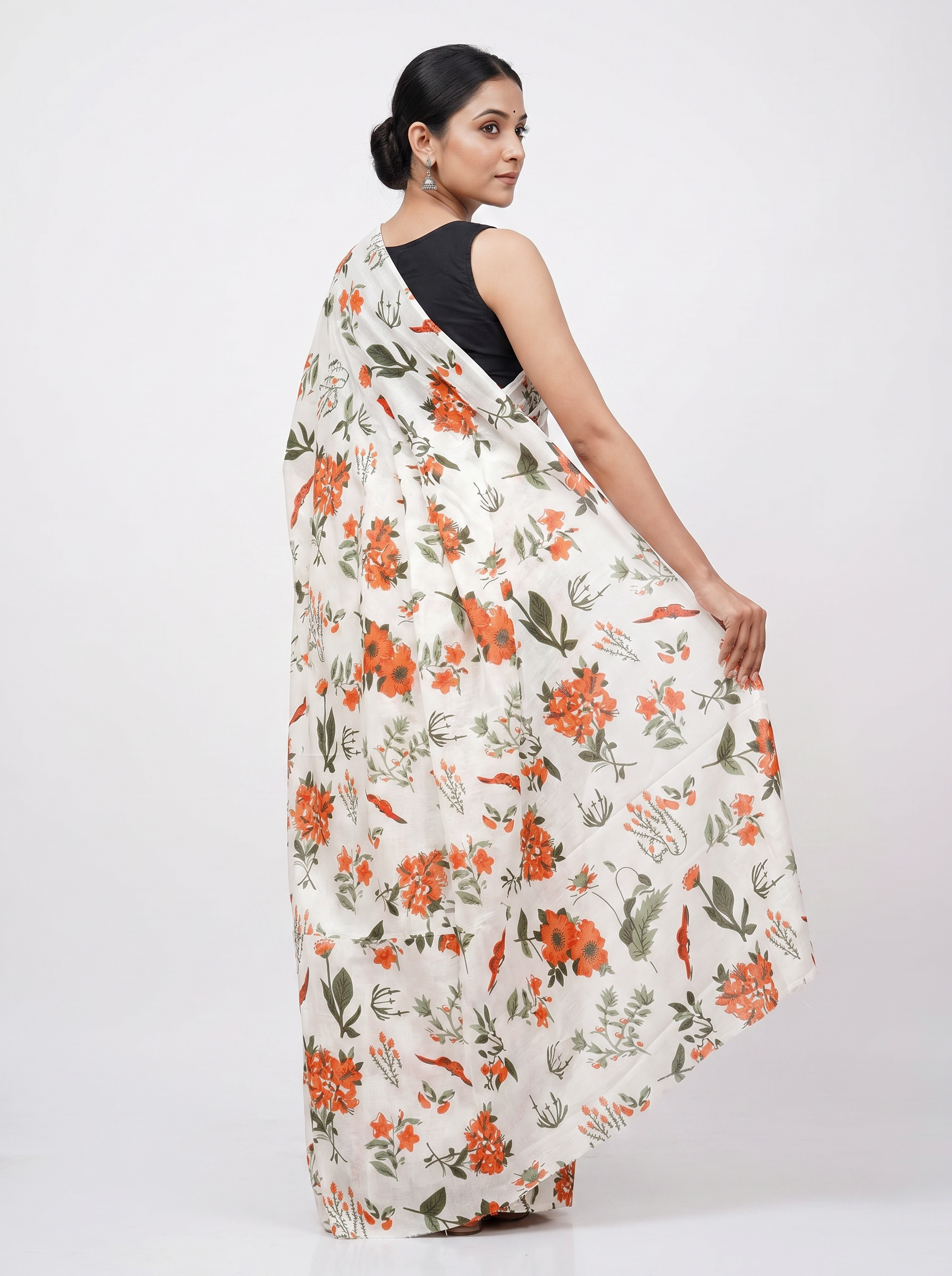 Pure Mulmul Cotton Saree | Multi Color + Off White Handblock Print | Summer & Office Wear | With Blouse image 4