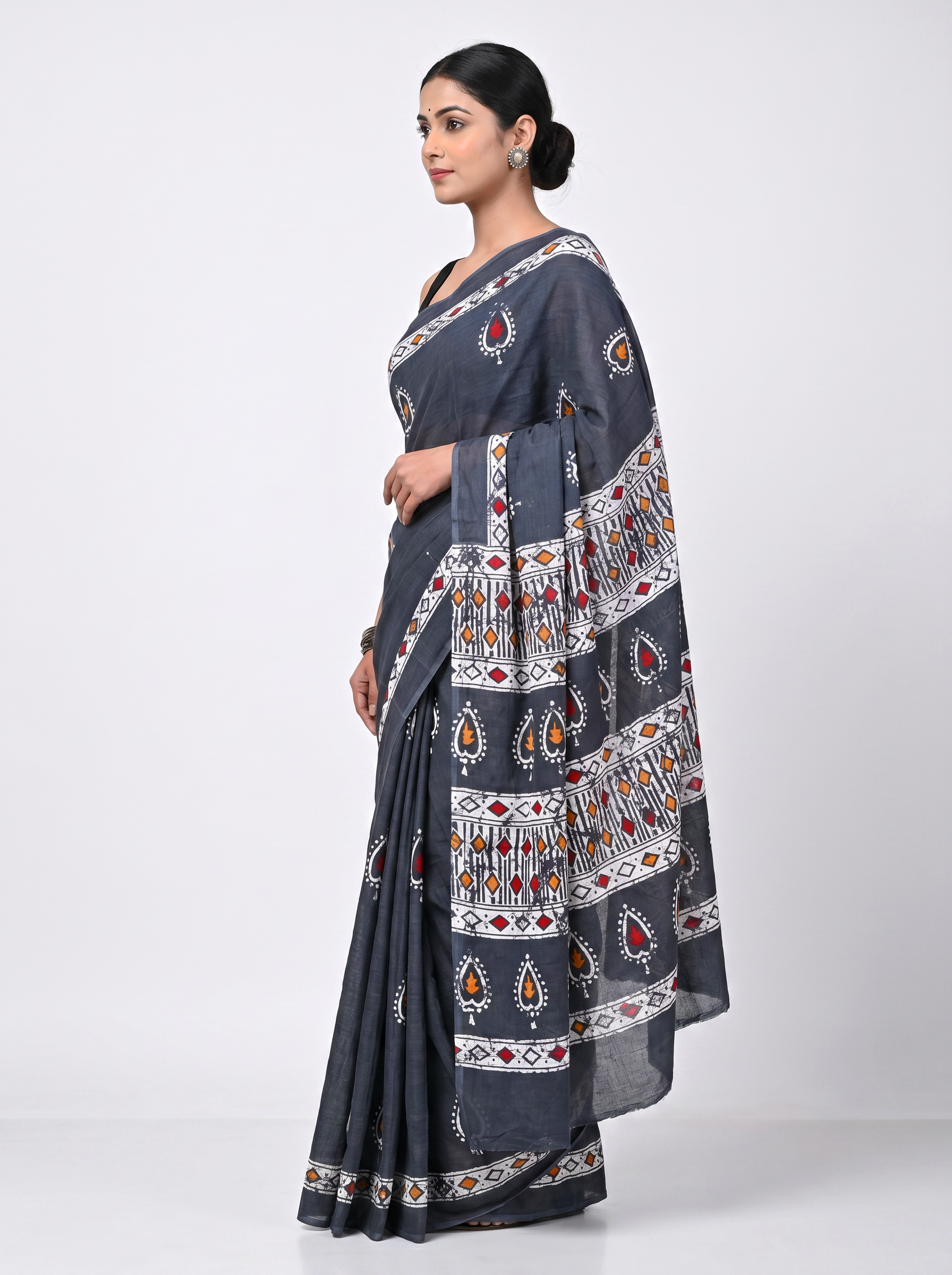 Pure Mulmul Cotton Saree | Charcoal Grey + Navy Blue + Grey Handblock Print | Summer & Office Wear | With Blouse image 2