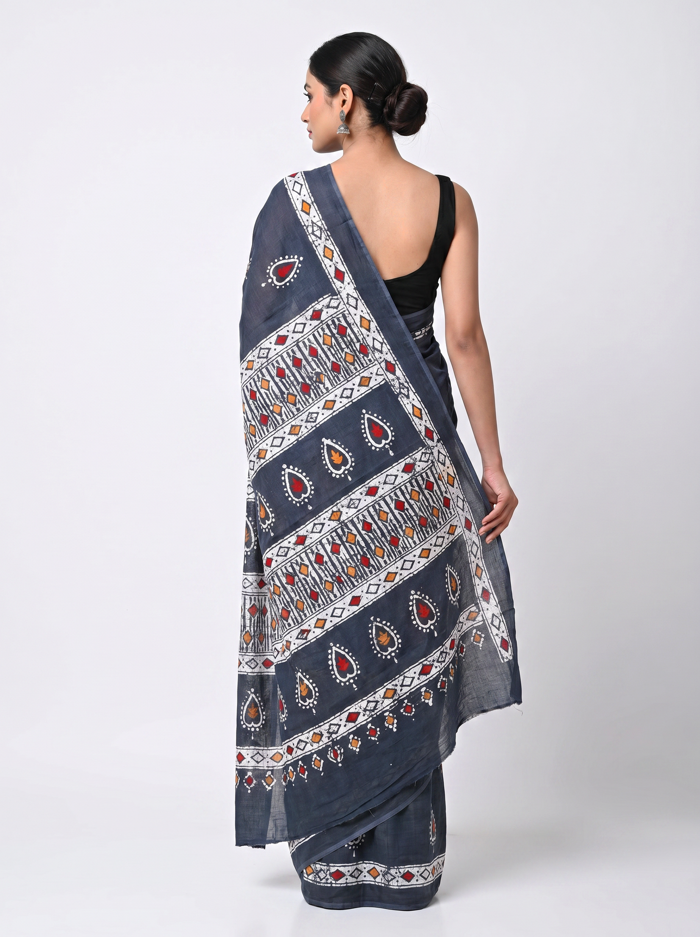Pure Mulmul Cotton Saree | Charcoal Grey + Navy Blue + Grey Handblock Print | Summer & Office Wear | With Blouse image 3