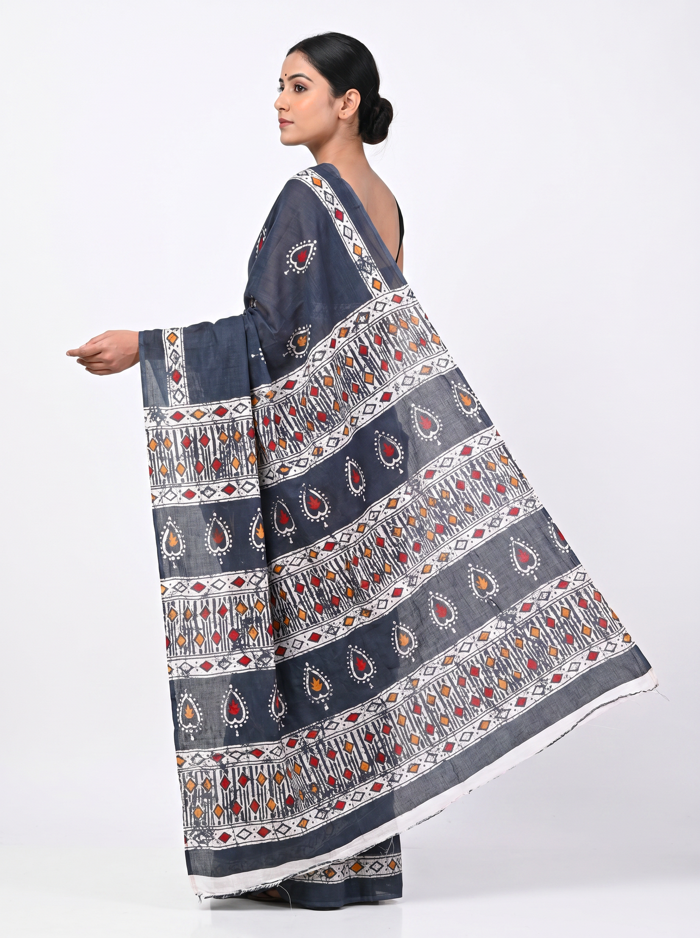 Pure Mulmul Cotton Saree | Charcoal Grey + Navy Blue + Grey Handblock Print | Summer & Office Wear | With Blouse image 4