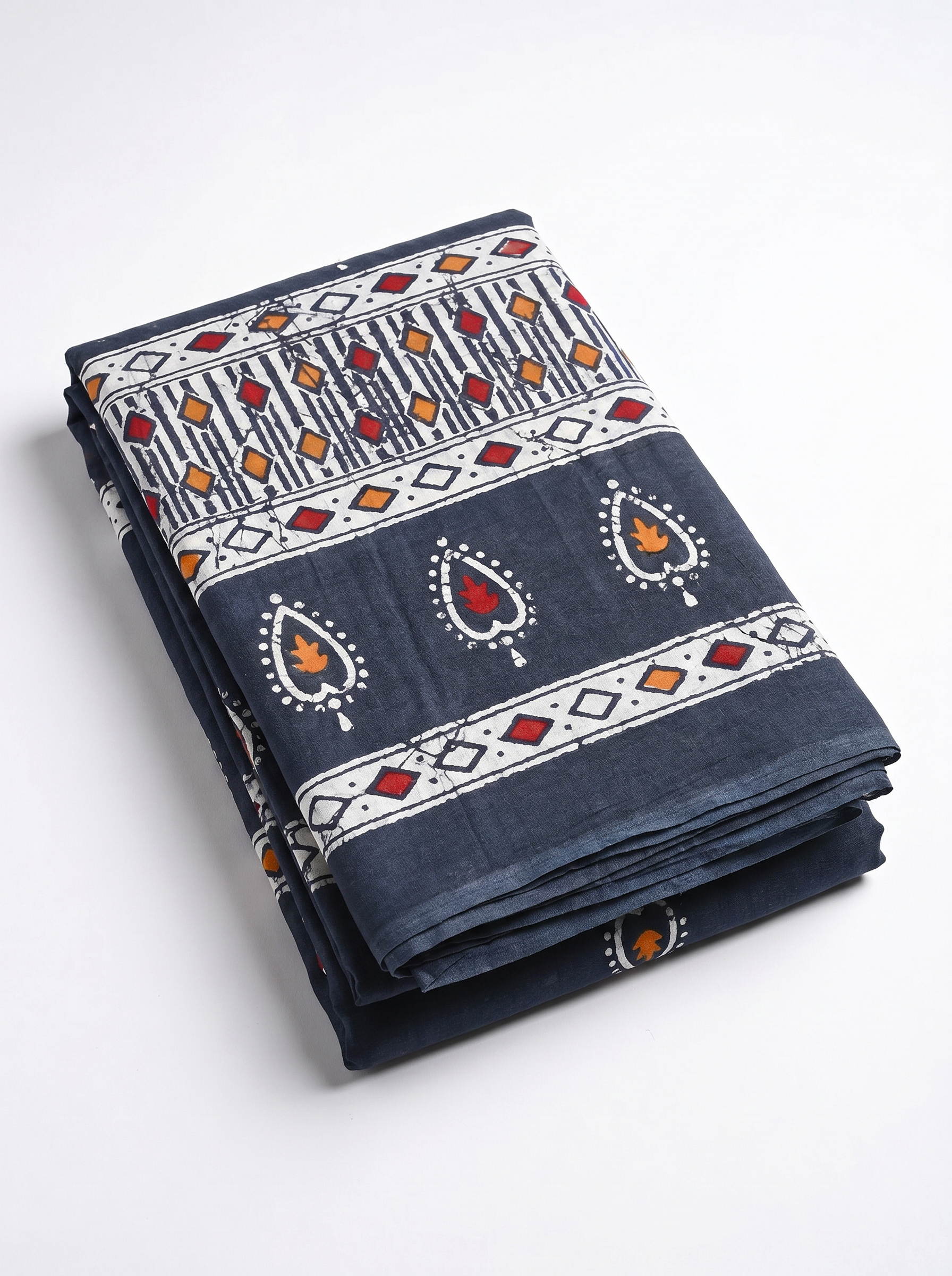 Pure Mulmul Cotton Saree | Charcoal Grey + Navy Blue + Grey Handblock Print | Summer & Office Wear | With Blouse image 5