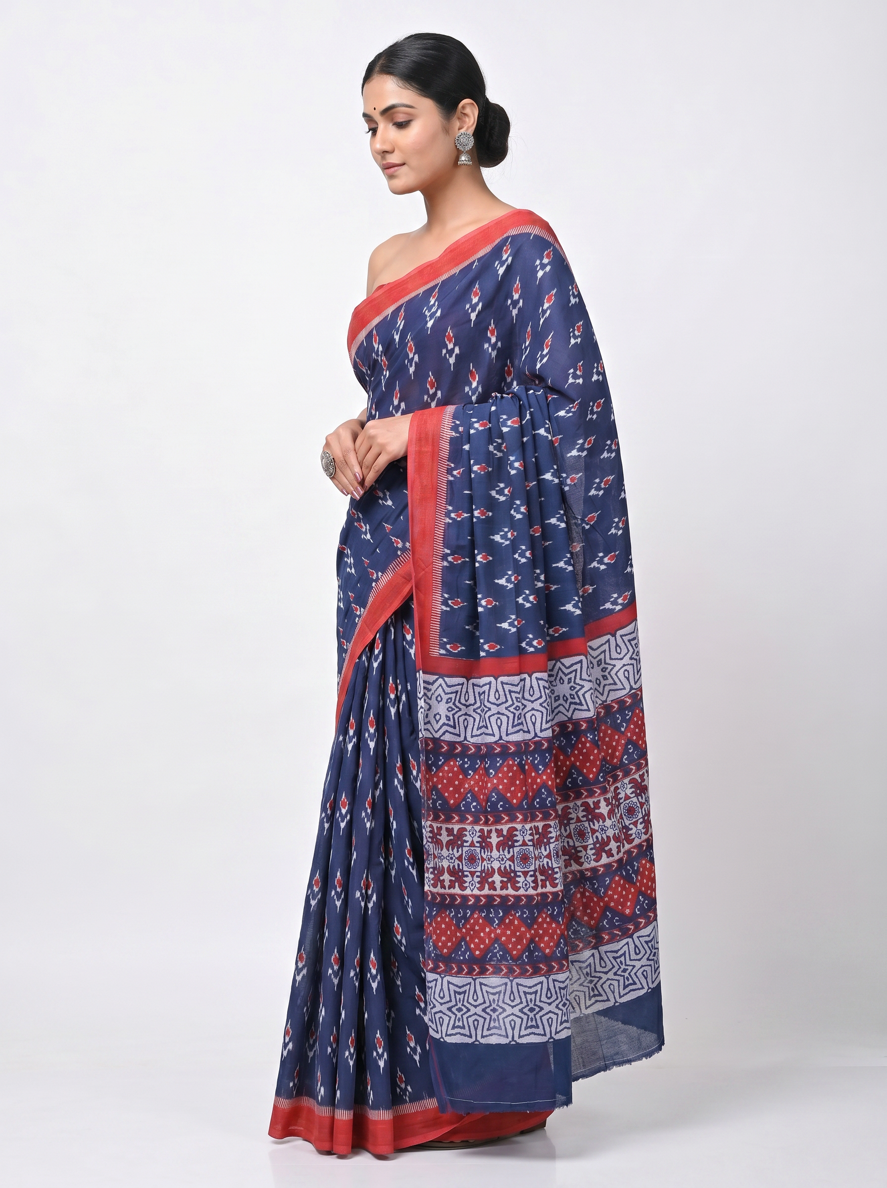 Pure Mulmul Cotton Saree | Navy Blue + Crimson Handblock Print | Summer & Office Wear | With Blouse image 2