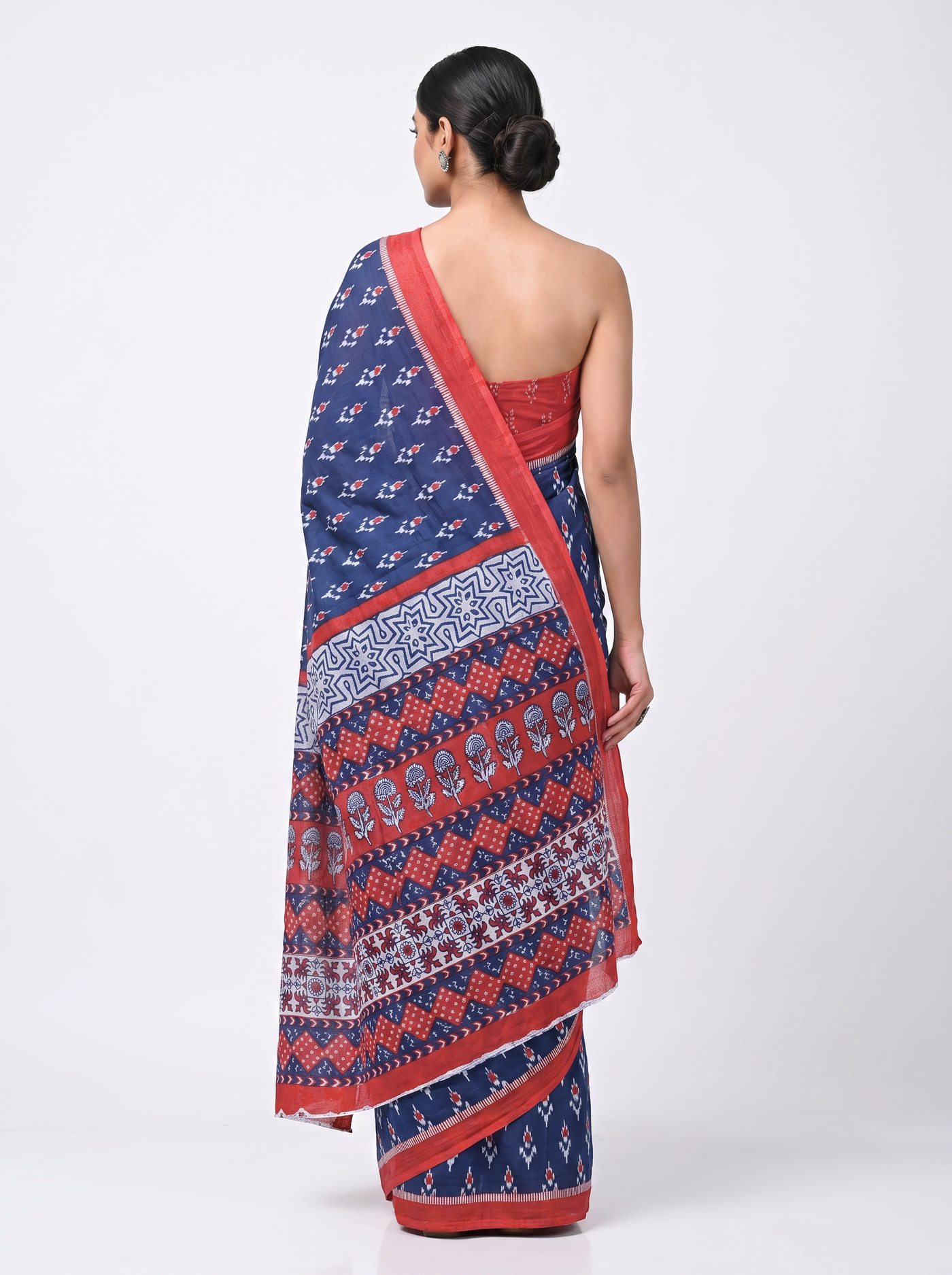 Pure Mulmul Cotton Saree | Navy Blue + Crimson Handblock Print | Summer & Office Wear | With Blouse image 3