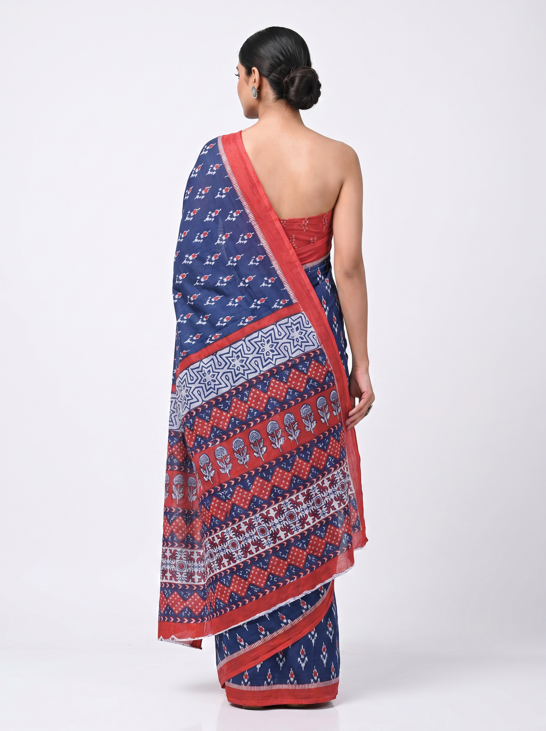 Pure Mulmul Cotton Saree | Navy Blue + Crimson Handblock Print | Summer & Office Wear | With Blouse image 3