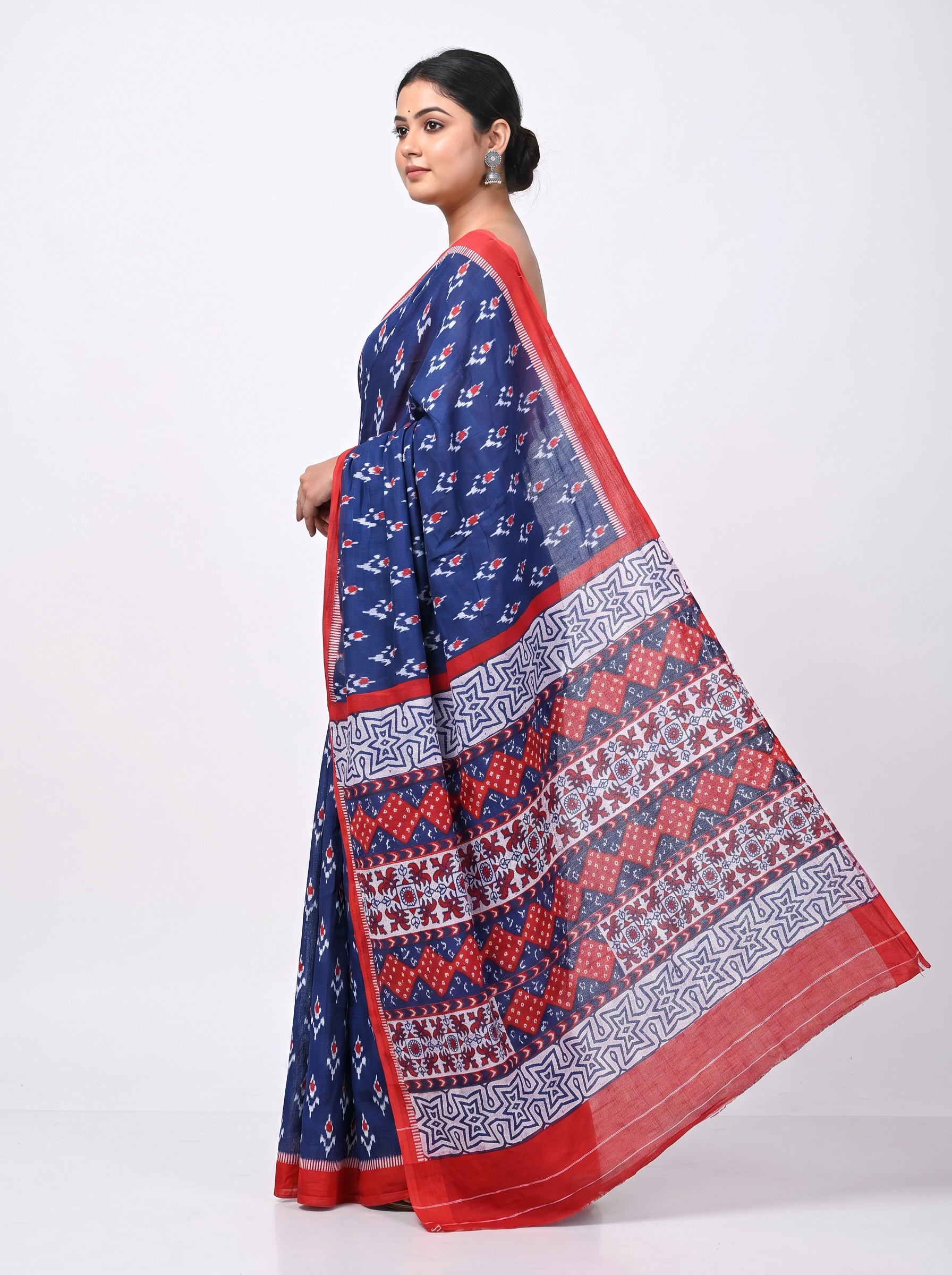 Pure Mulmul Cotton Saree | Navy Blue + Crimson Handblock Print | Summer & Office Wear | With Blouse image 4