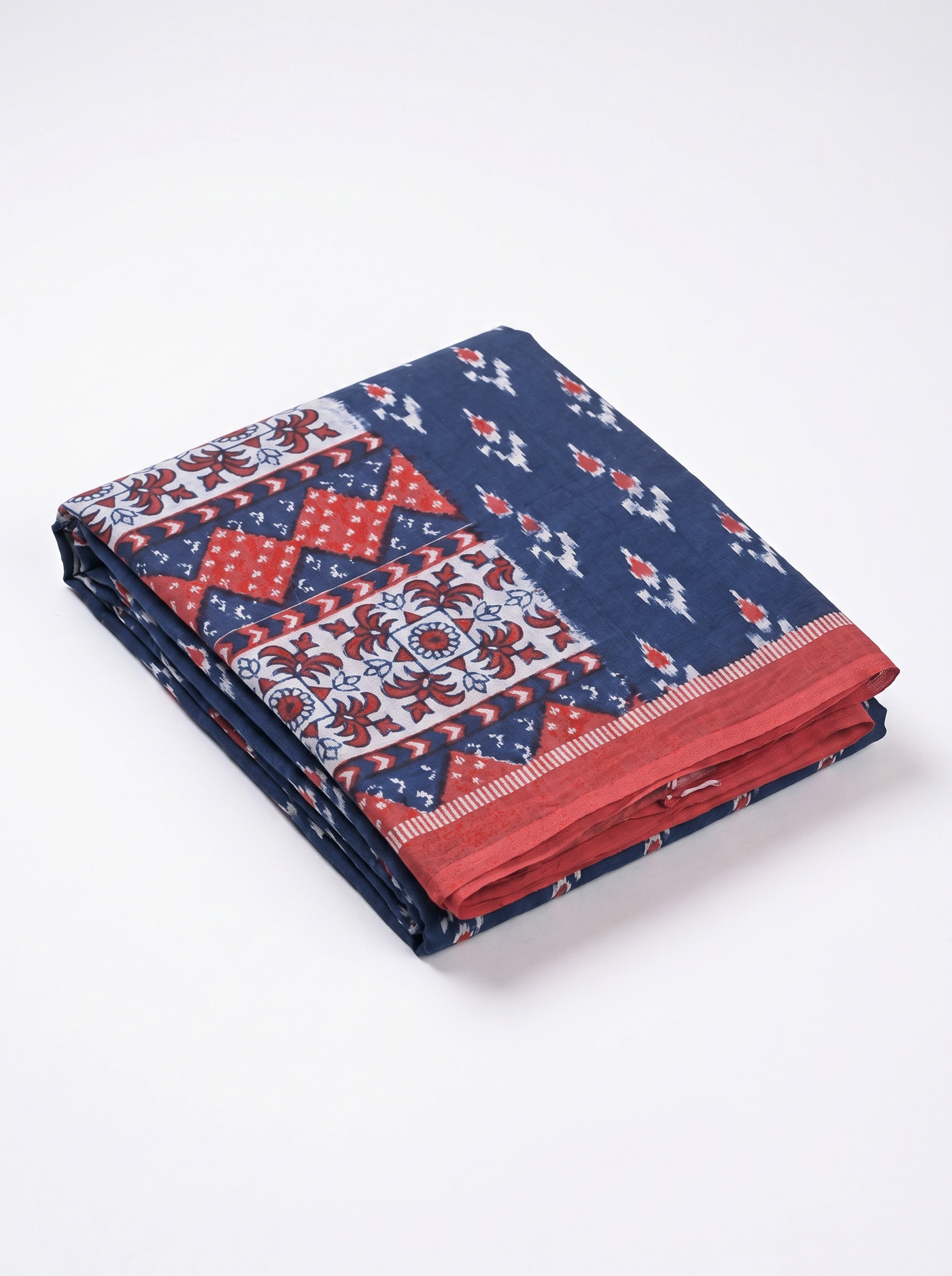 Pure Mulmul Cotton Saree | Navy Blue + Crimson Handblock Print | Summer & Office Wear | With Blouse image 5