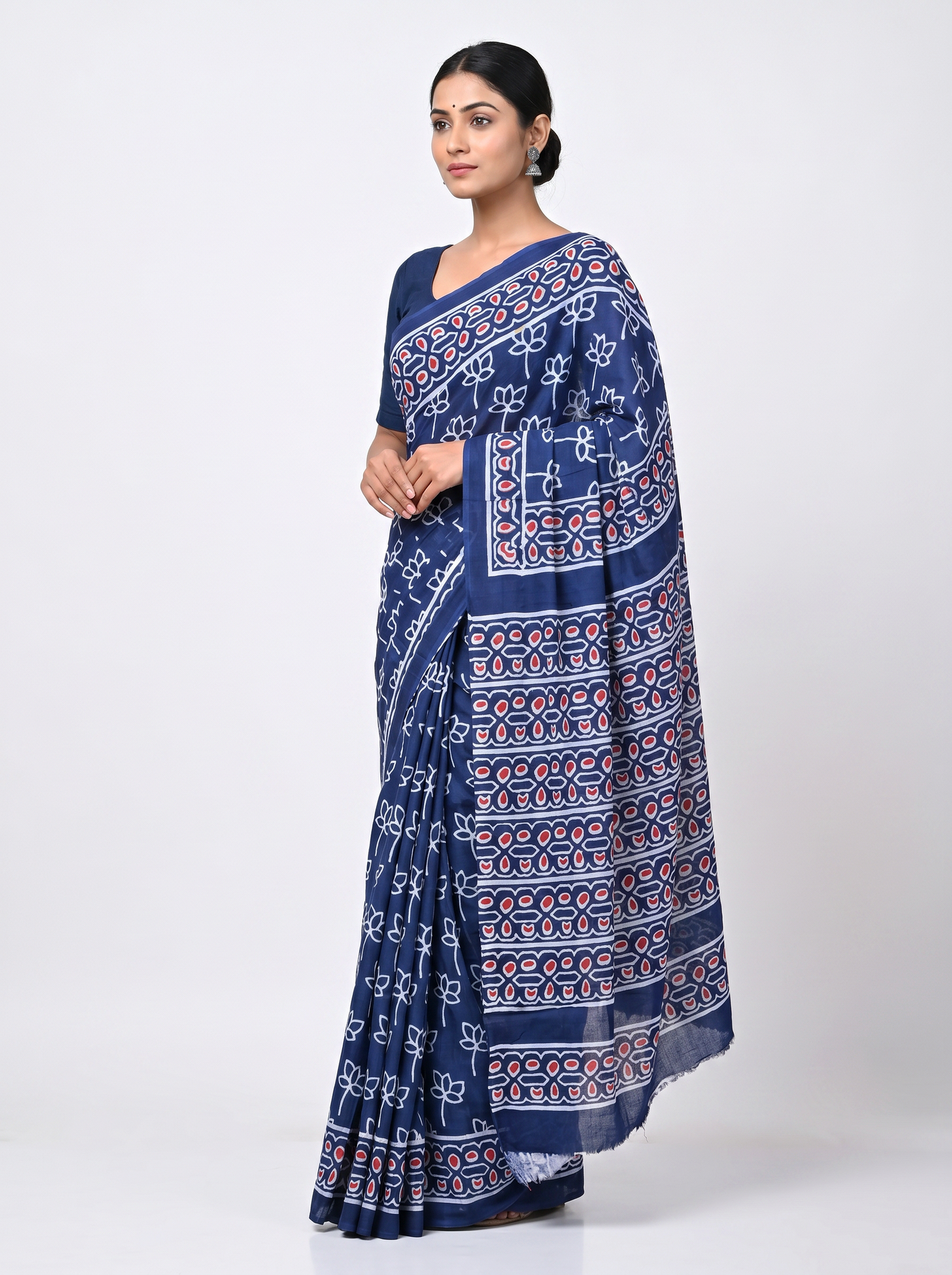 Navy Blue pure mulmul cotton saree with blouse