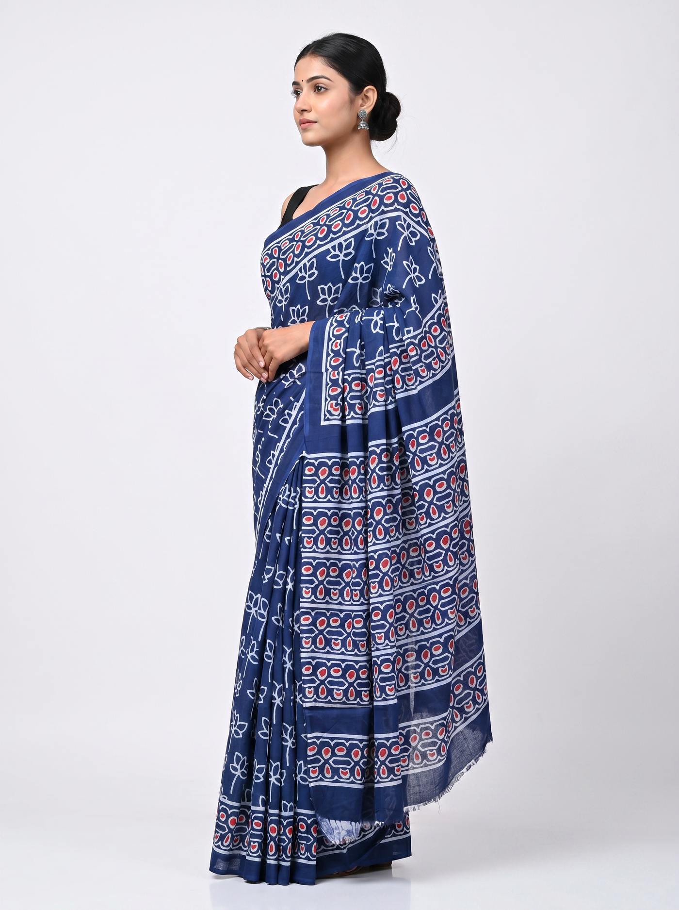 Pure Mulmul Cotton Saree | Navy Blue Handblock Print | Summer & Office Wear | With Blouse | Design 3 image 2