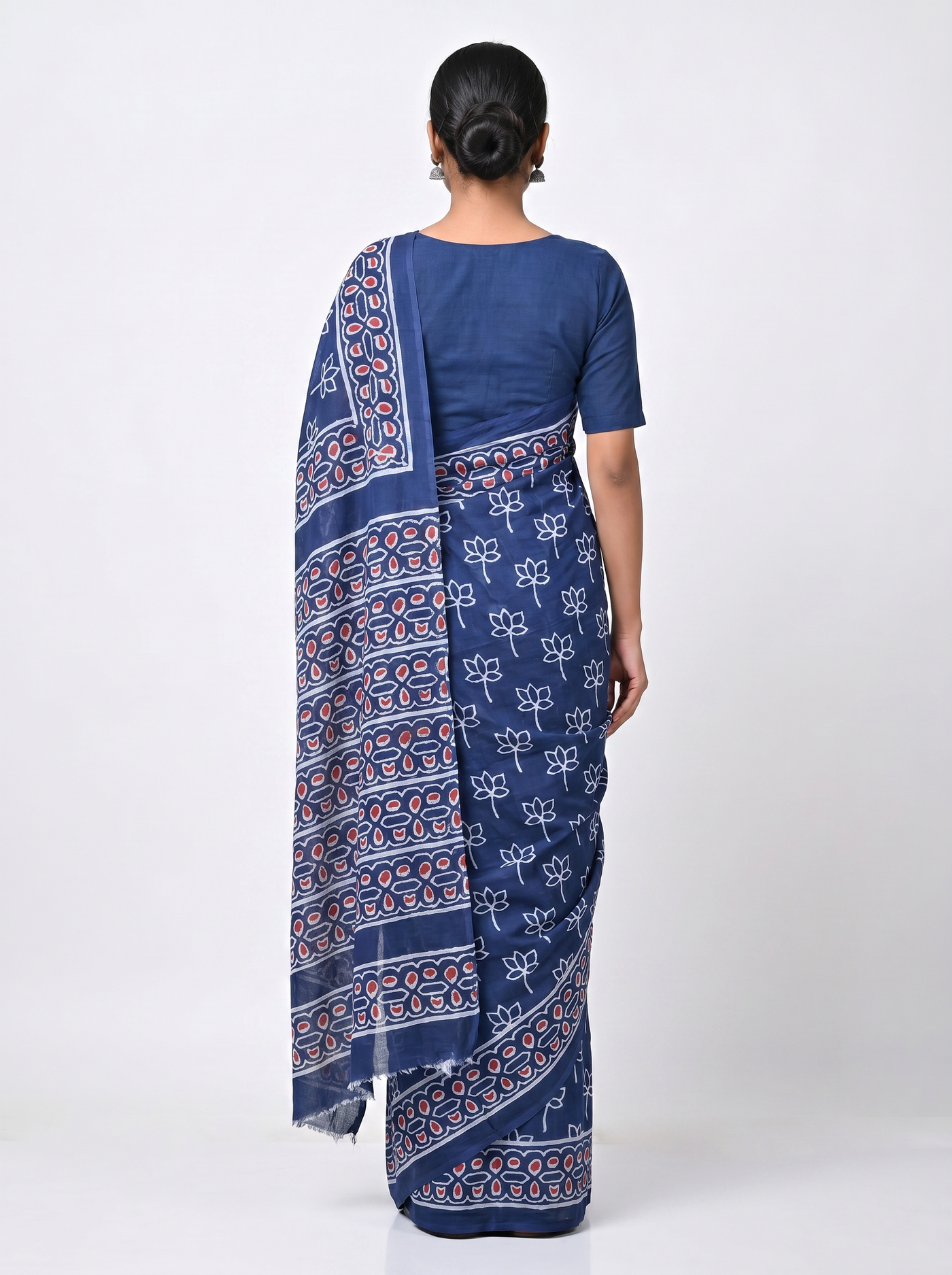 Pure Mulmul Cotton Saree | Navy Blue Handblock Print | Summer & Office Wear | With Blouse | Design 3 image 3