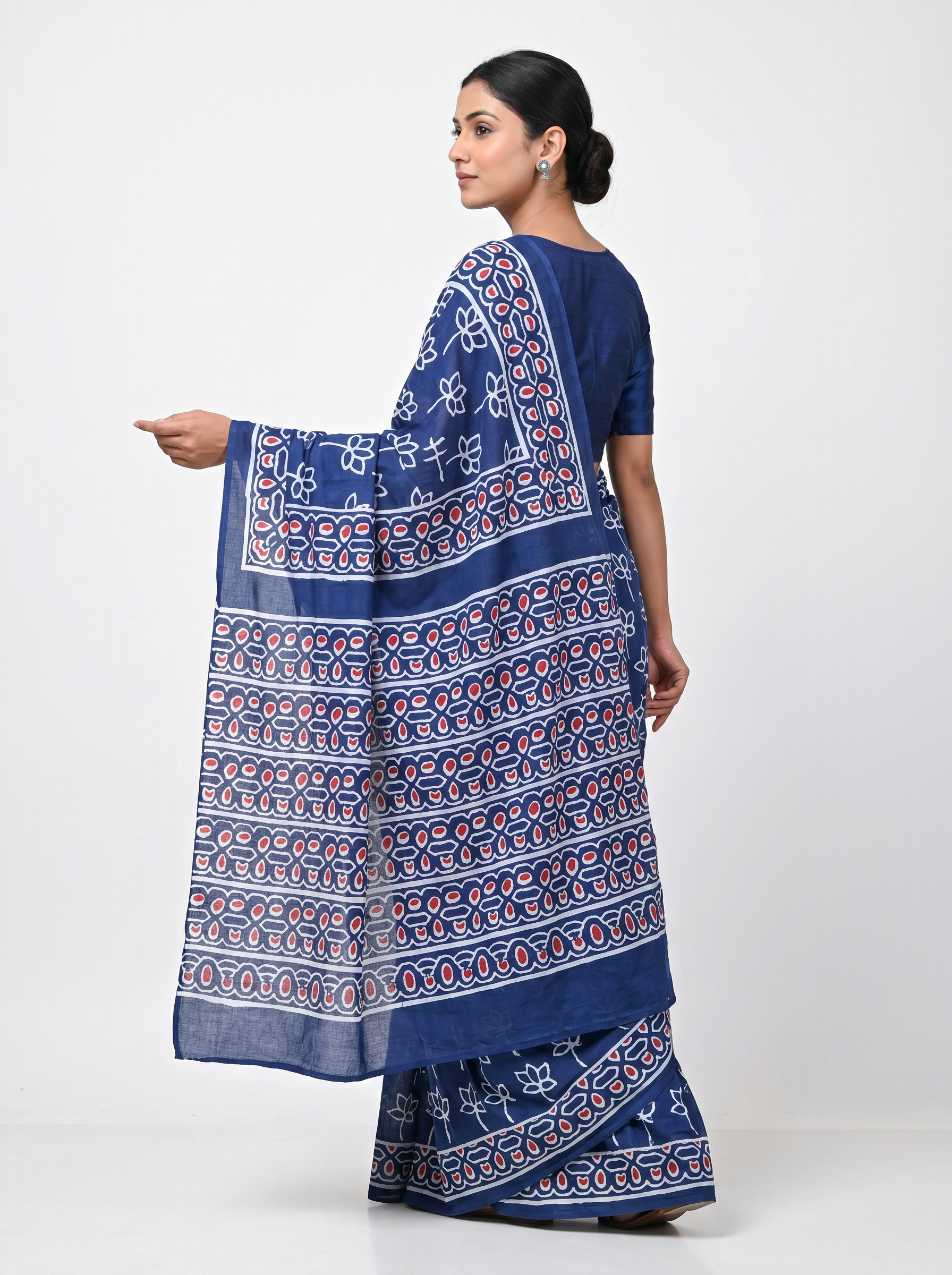 Pure Mulmul Cotton Saree | Navy Blue Handblock Print | Summer & Office Wear | With Blouse | Design 3 image 4