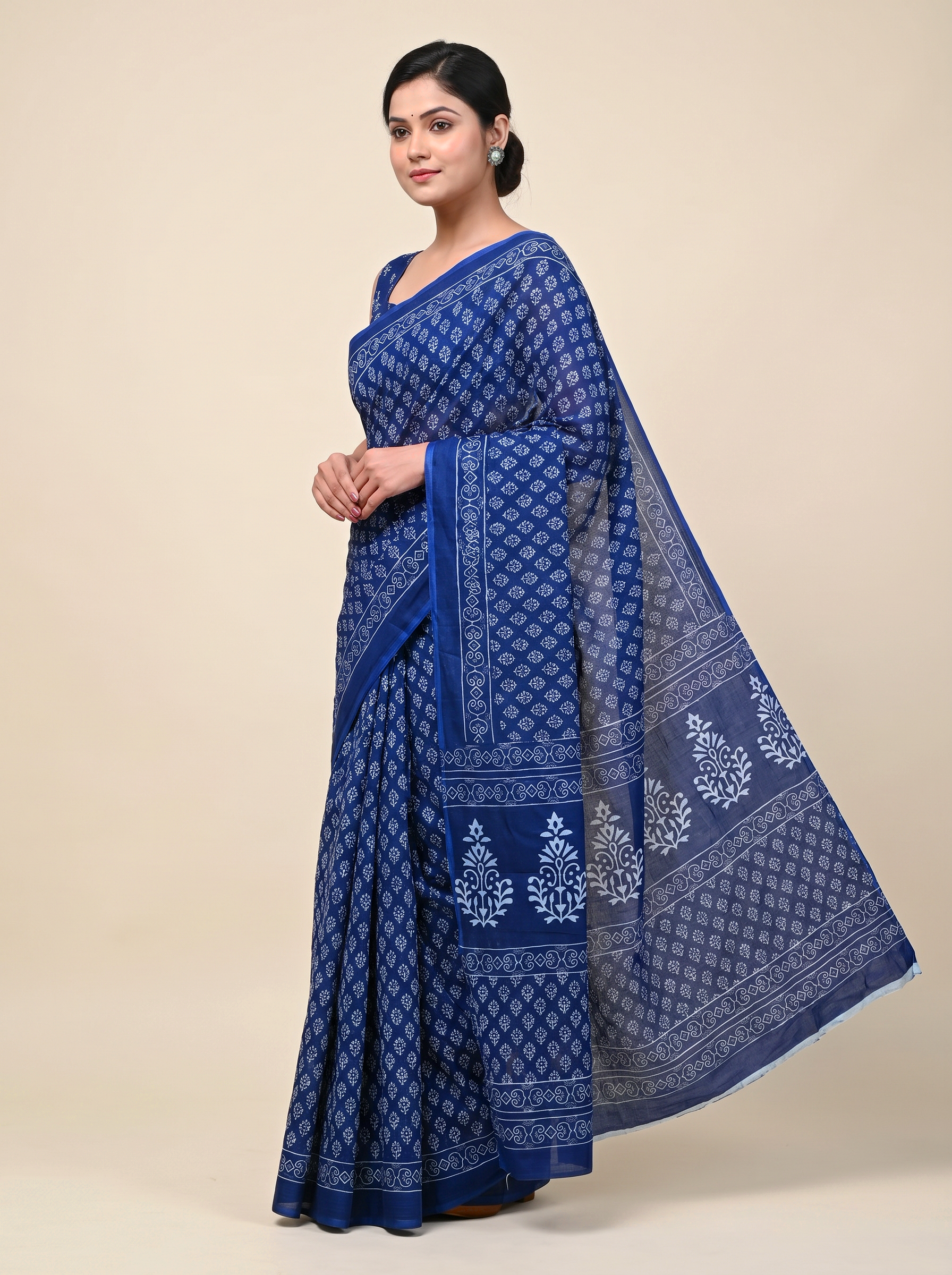 Navy Blue pure mulmul cotton saree with blouse