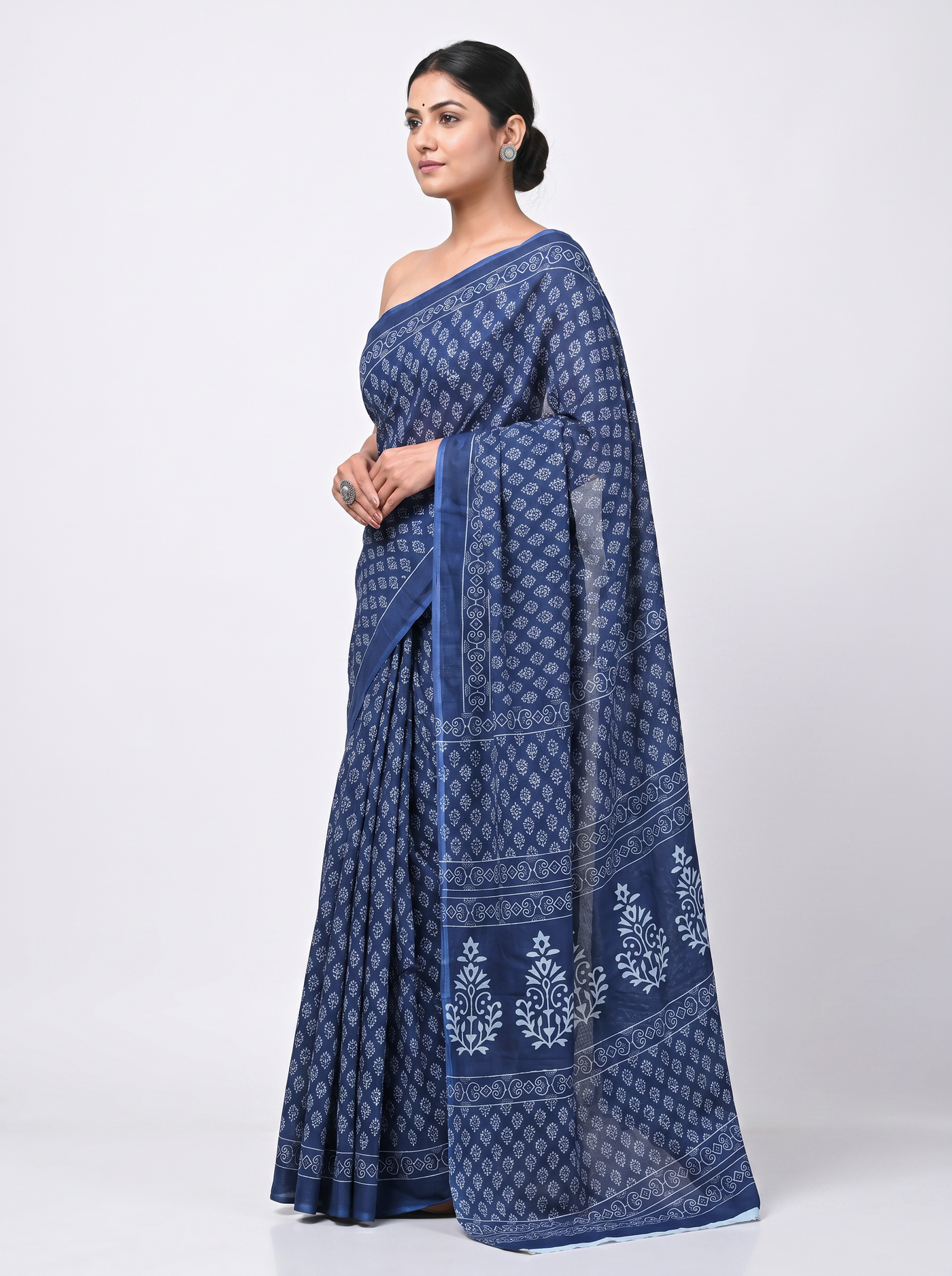 Pure Mulmul Cotton Saree | Navy Blue Handblock Print | Summer & Office Wear | With Blouse image 2