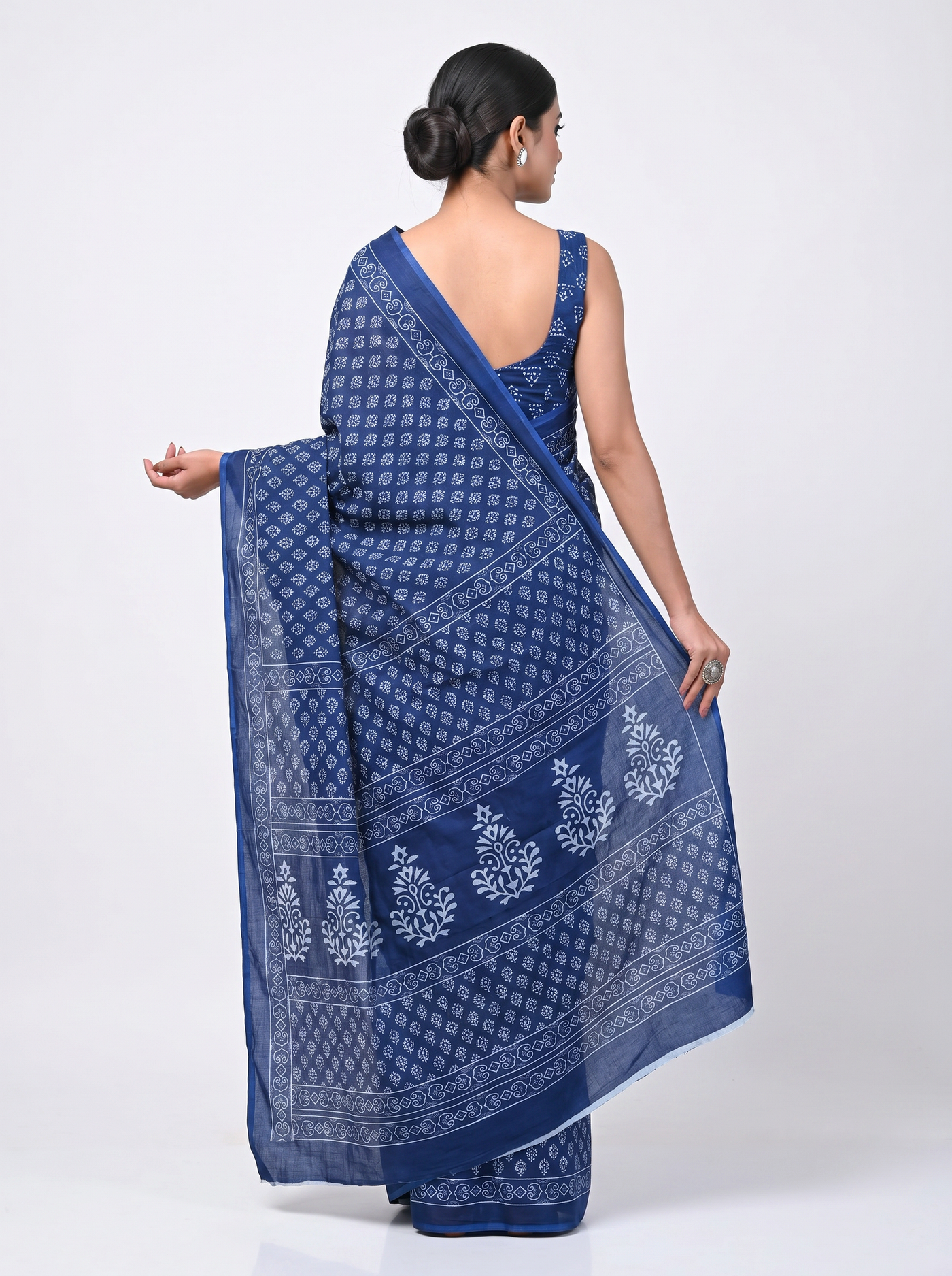 Pure Mulmul Cotton Saree | Navy Blue Handblock Print | Summer & Office Wear | With Blouse image 3