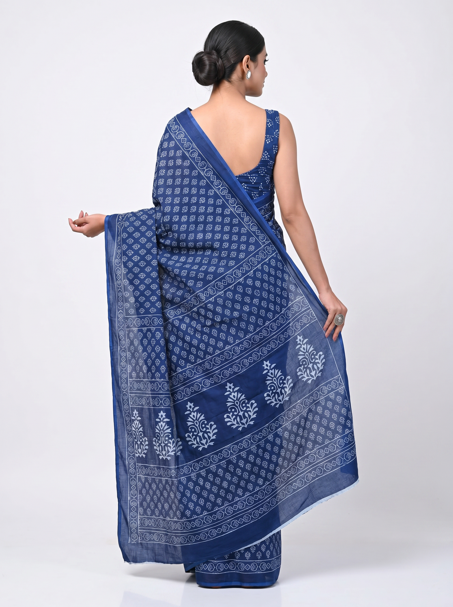 Pure Mulmul Cotton Saree | Navy Blue Handblock Print | Summer & Office Wear | With Blouse image 3