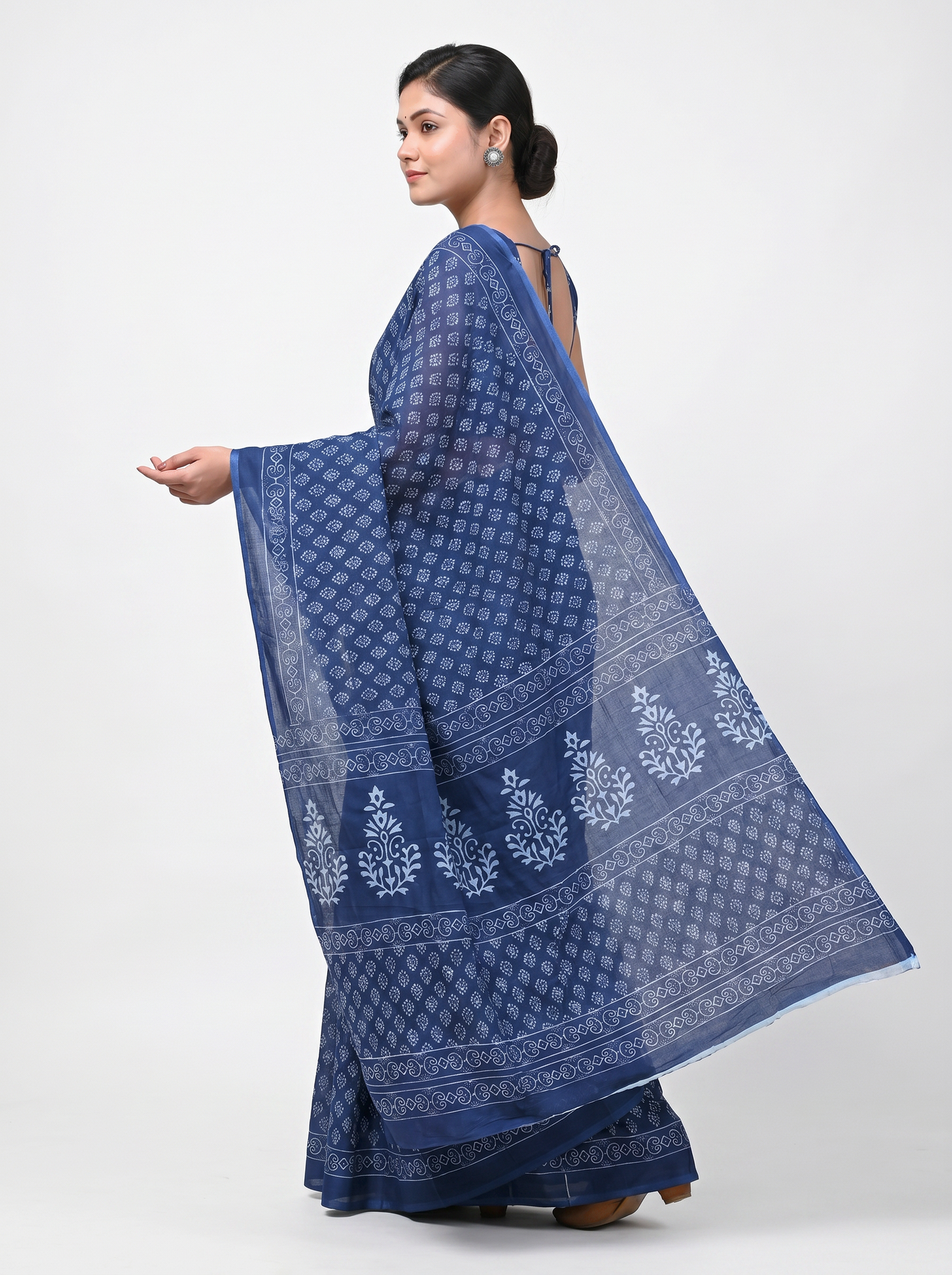 Pure Mulmul Cotton Saree | Navy Blue Handblock Print | Summer & Office Wear | With Blouse image 4