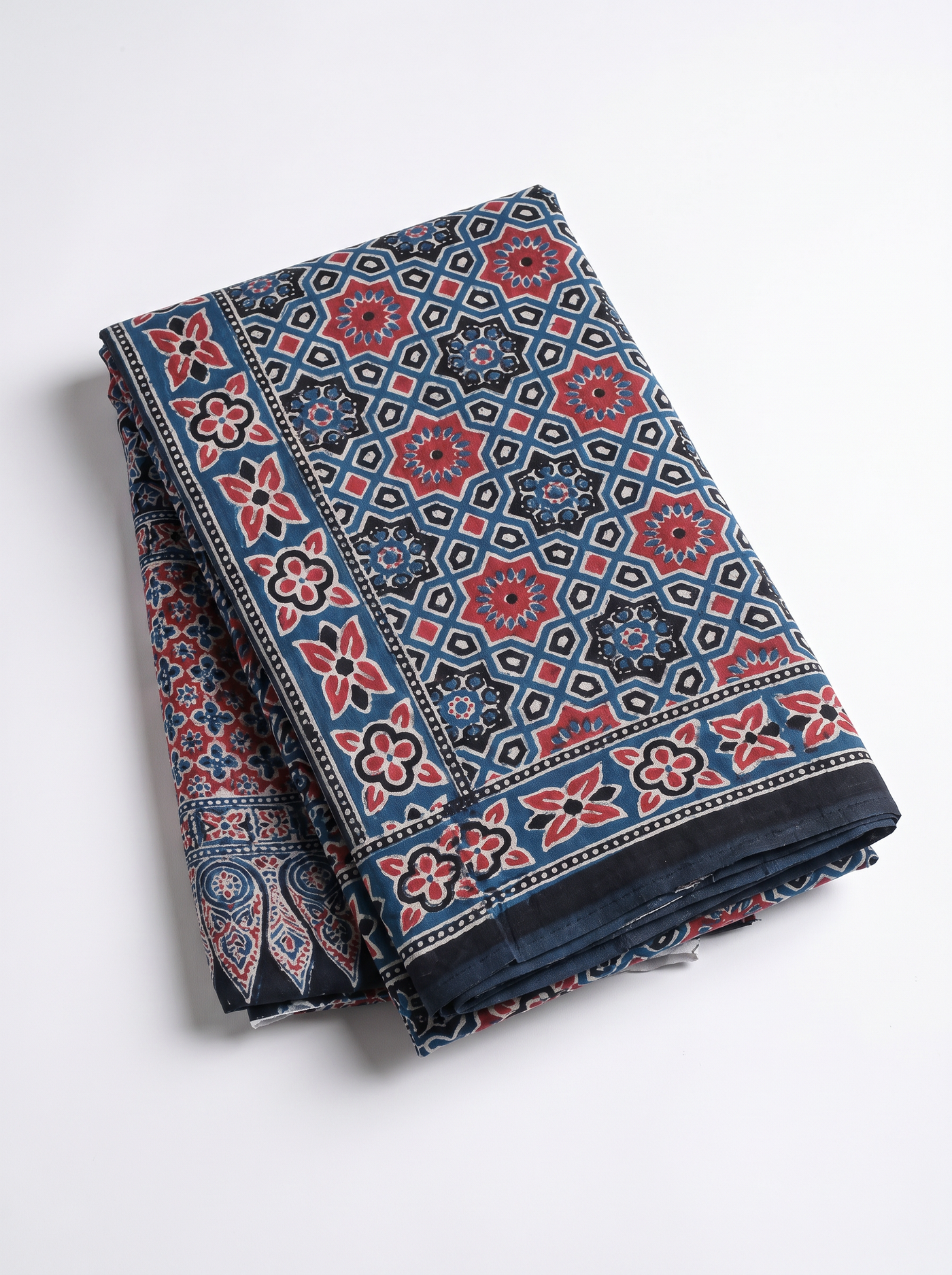 Pure Mulmul Cotton Saree | Deep Red + Navy Blue Handblock Print | Summer & Office Wear | With Blouse image 5