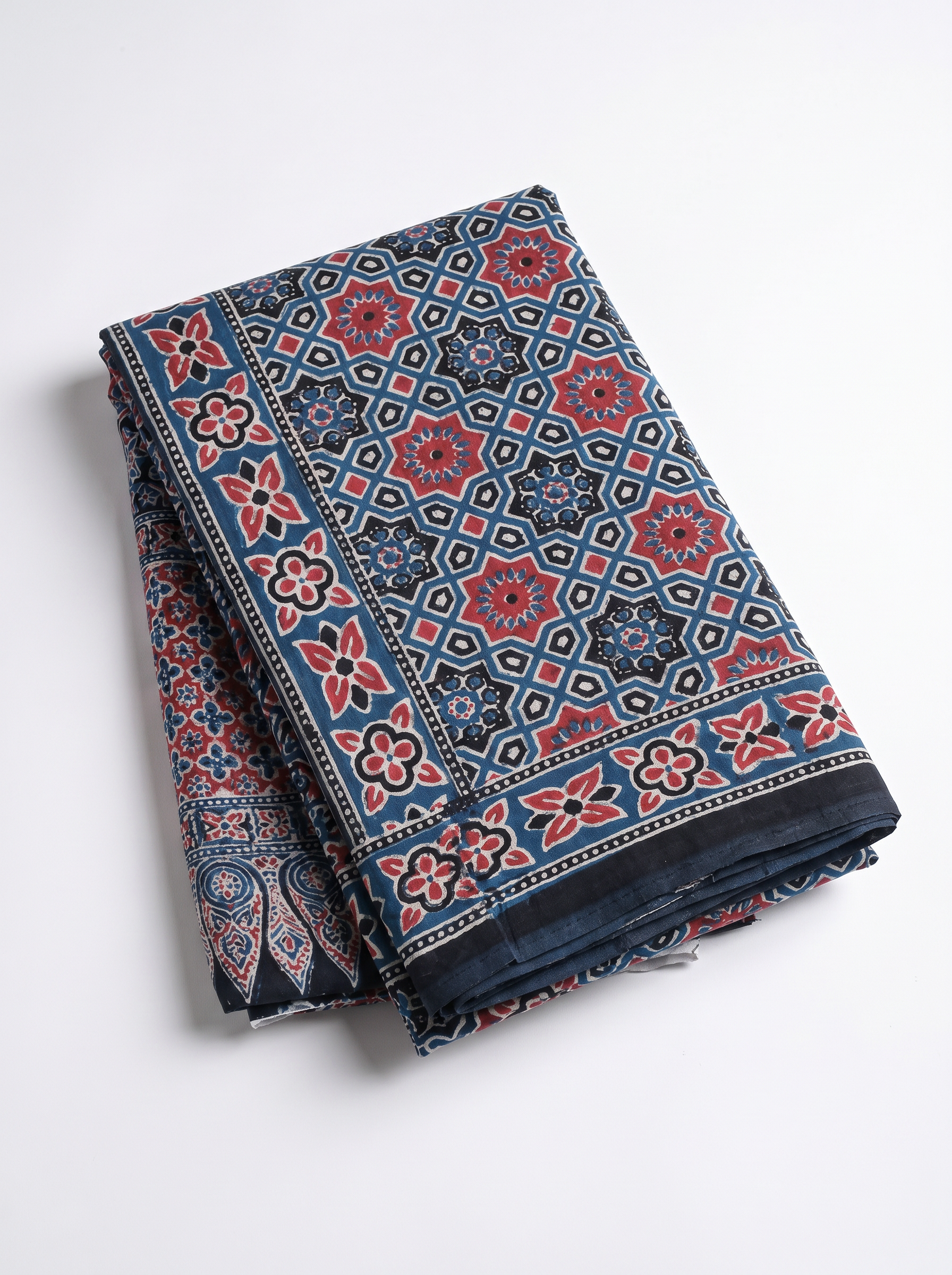 Pure Mulmul Cotton Saree | Deep Red + Navy Blue Handblock Print | Summer & Office Wear | With Blouse image 5