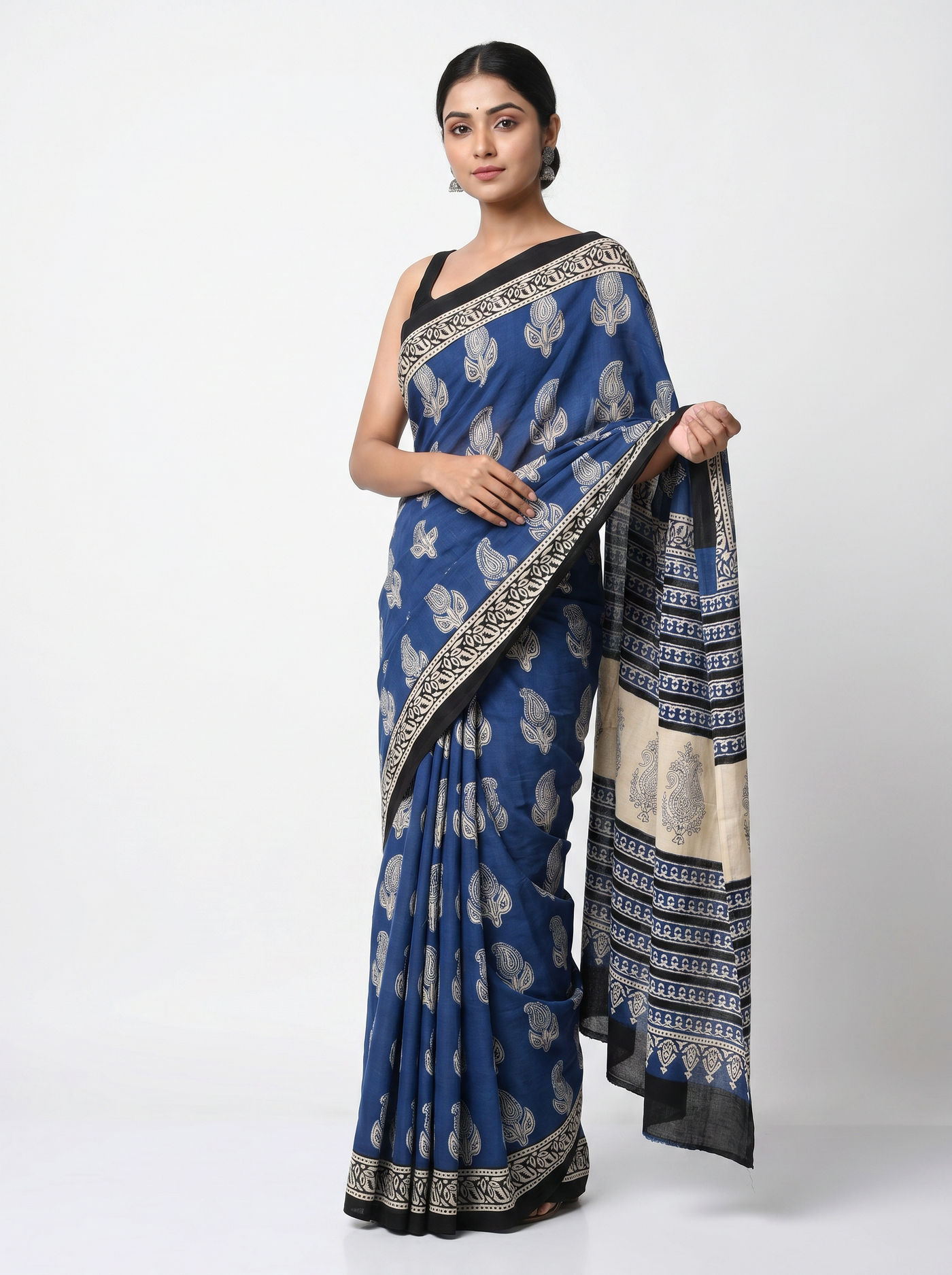 Navy Blue + Grey pure mulmul cotton saree with blouse