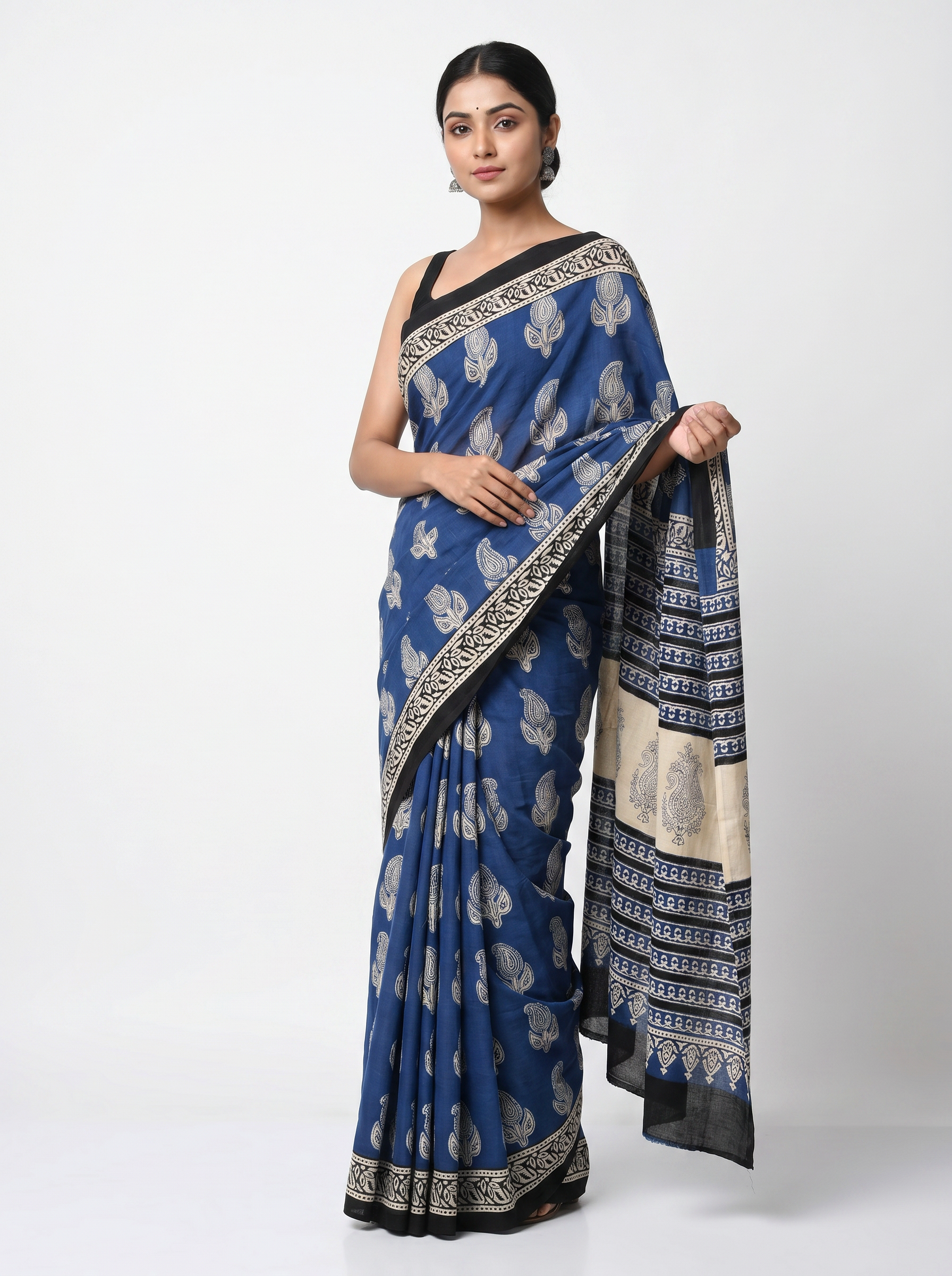 Navy Blue + Grey pure mulmul cotton saree with blouse