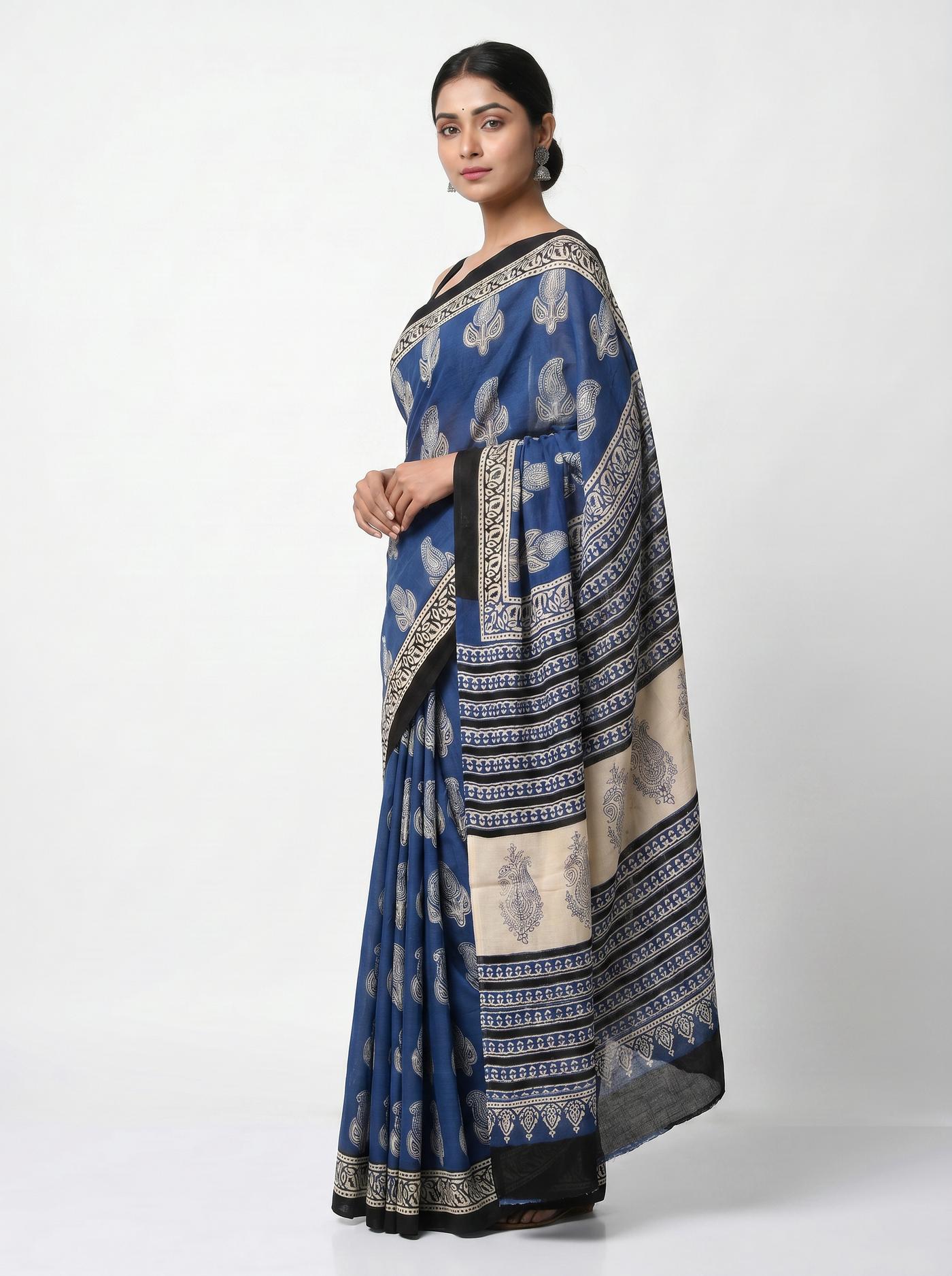 Pure Mulmul Cotton Saree | Navy Blue + Grey Handblock Print | Summer & Office Wear | With Blouse image 2