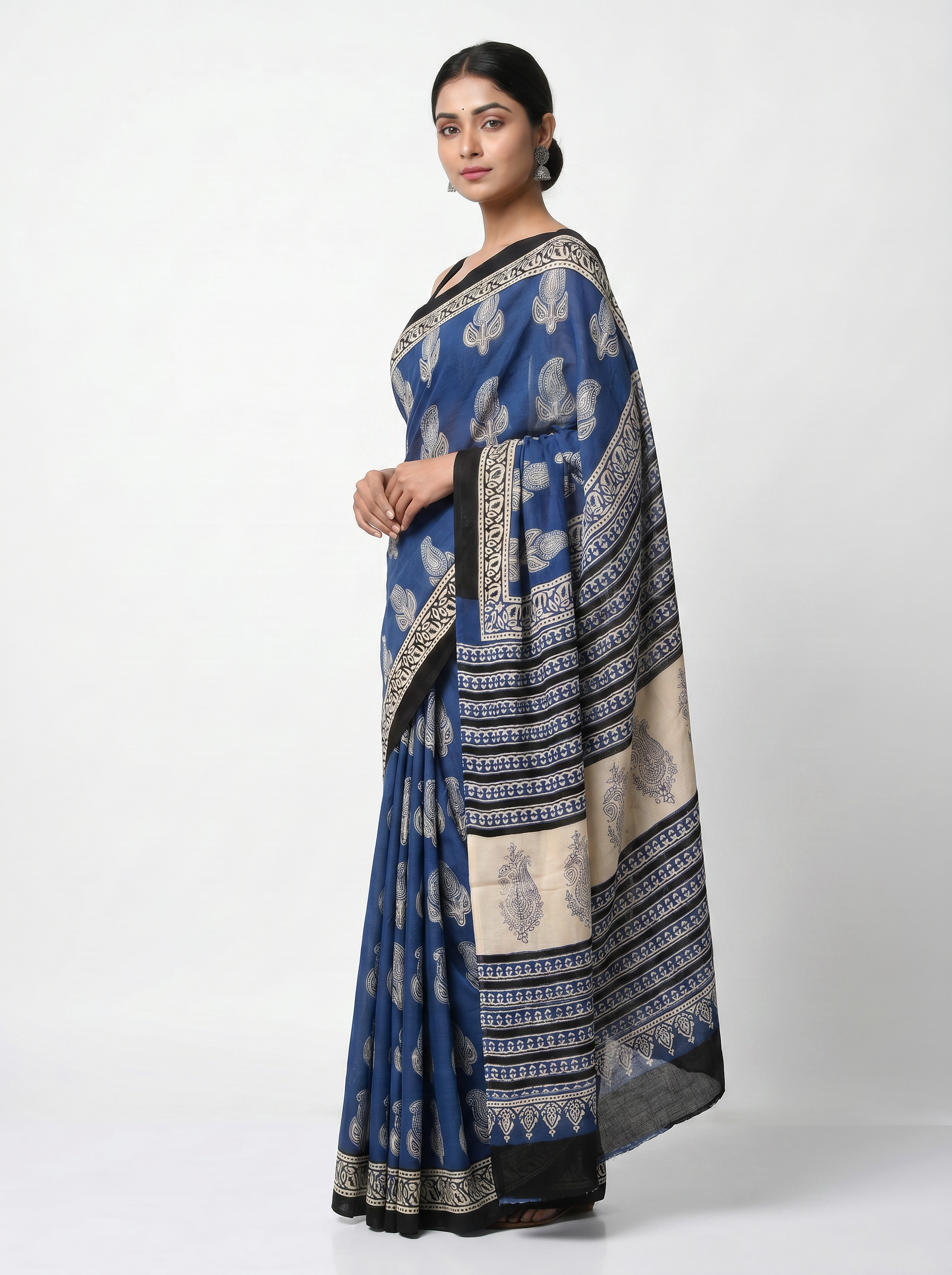 Pure Mulmul Cotton Saree | Navy Blue + Grey Handblock Print | Summer & Office Wear | With Blouse image 2