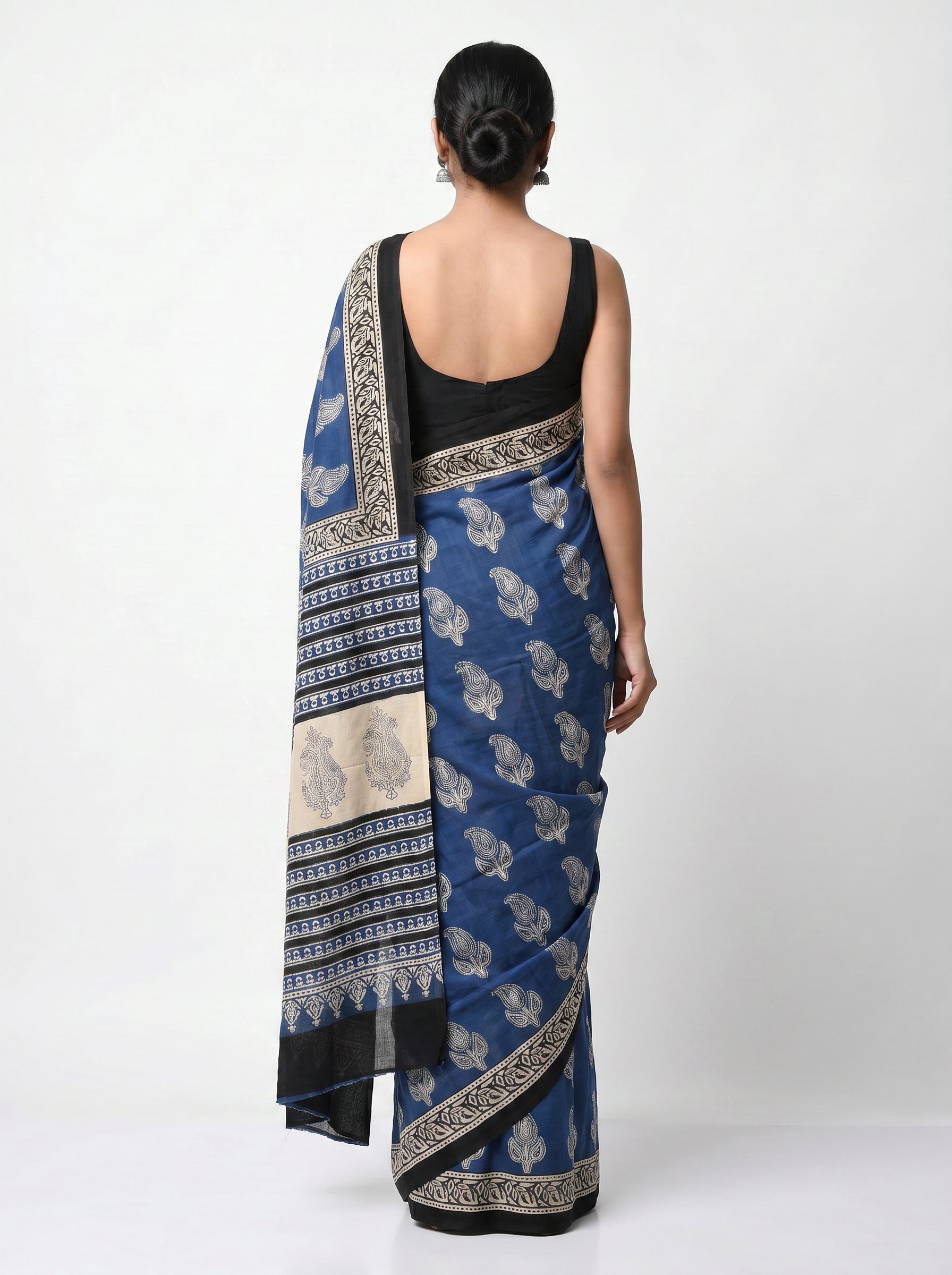 Pure Mulmul Cotton Saree | Navy Blue + Grey Handblock Print | Summer & Office Wear | With Blouse image 3