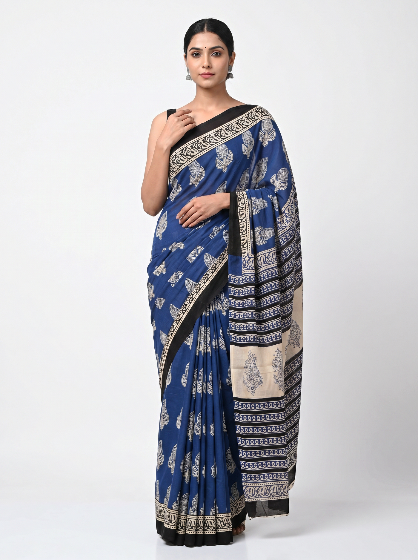 Pure Mulmul Cotton Saree | Navy Blue + Grey Handblock Print | Summer & Office Wear | With Blouse image 5