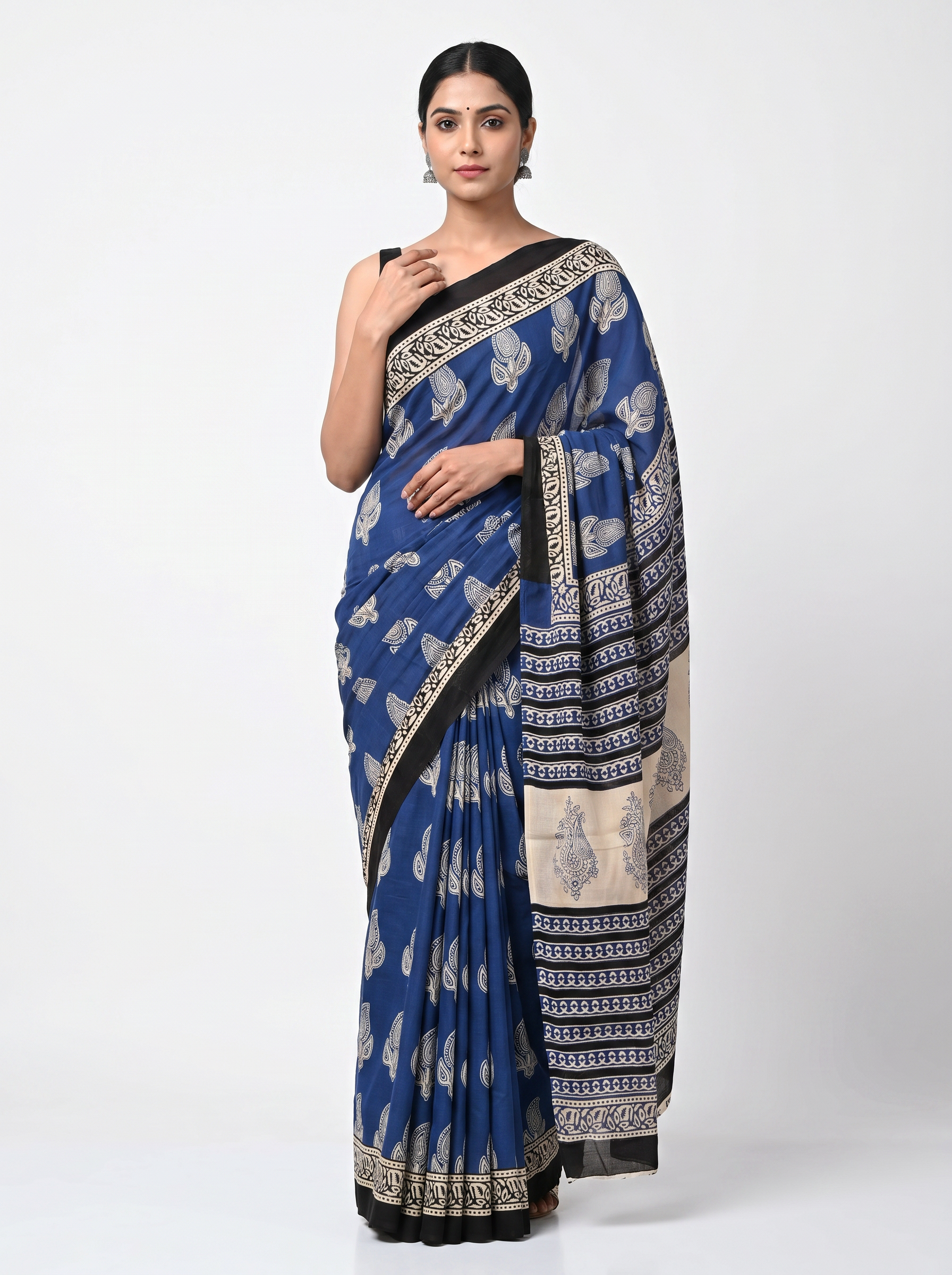 Pure Mulmul Cotton Saree | Navy Blue + Grey Handblock Print | Summer & Office Wear | With Blouse image 5