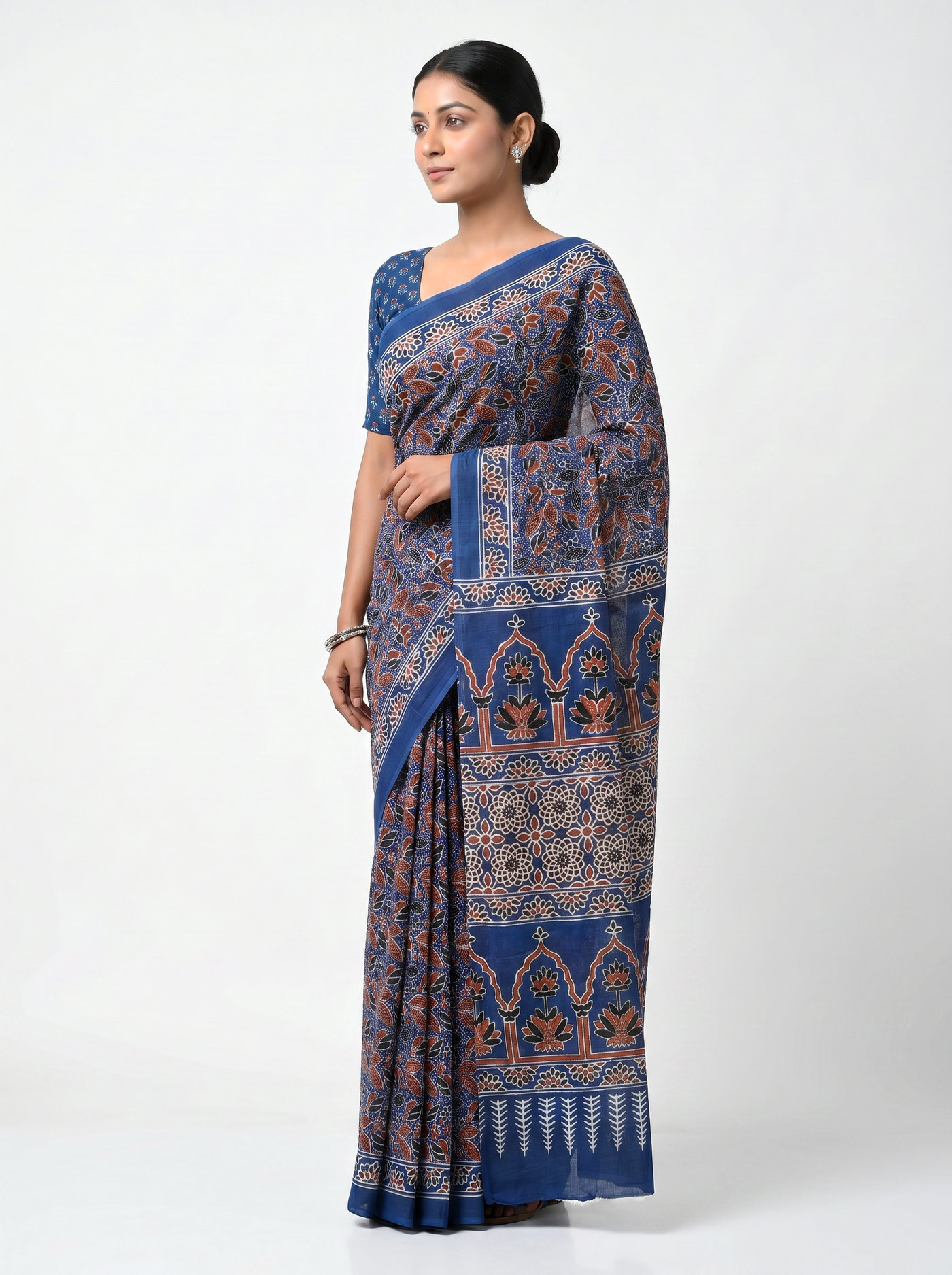 Pure Mulmul Cotton Saree | Charcoal Grey + Navy Blue + Grey + Wine Handblock Print | Summer & Office Wear | With Blouse image 2