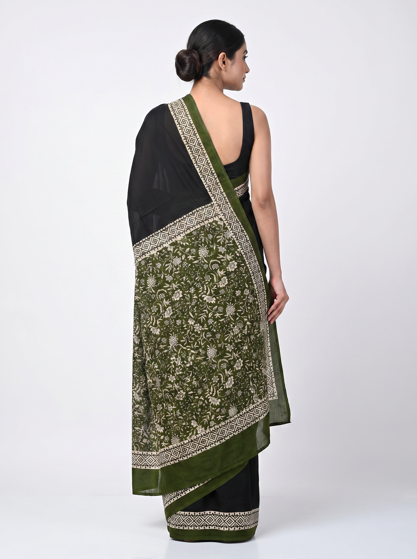 Pure Mulmul Cotton Saree | Ochre Handblock Print | Summer & Office Wear | With Blouse image 3