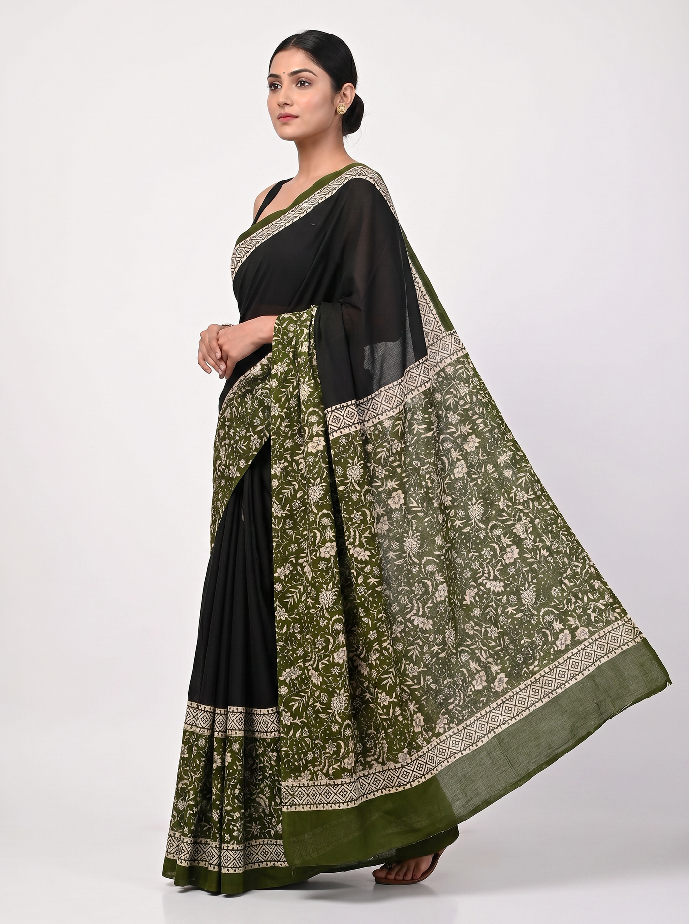 Pure Mulmul Cotton Saree | Ochre Handblock Print | Summer & Office Wear | With Blouse image 4