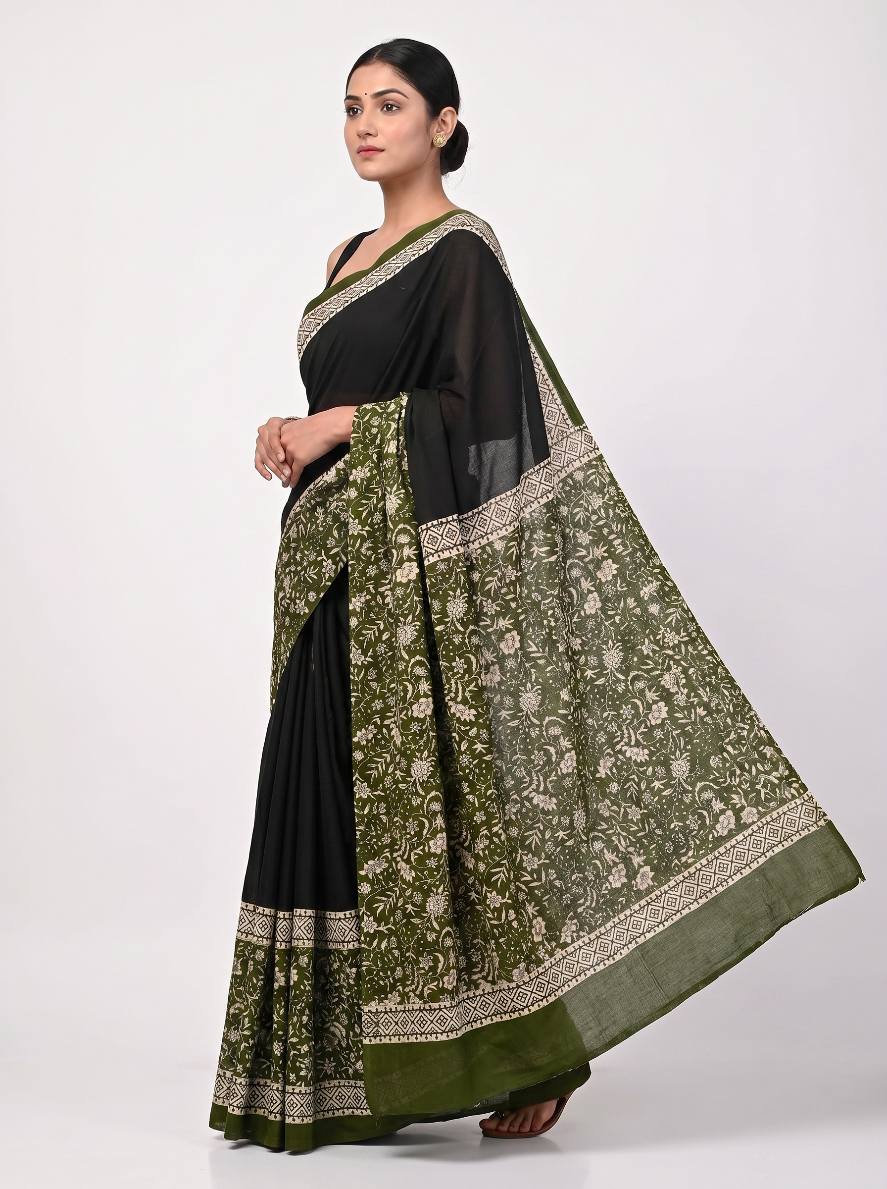 Pure Mulmul Cotton Saree | Ochre Handblock Print | Summer & Office Wear | With Blouse image 4