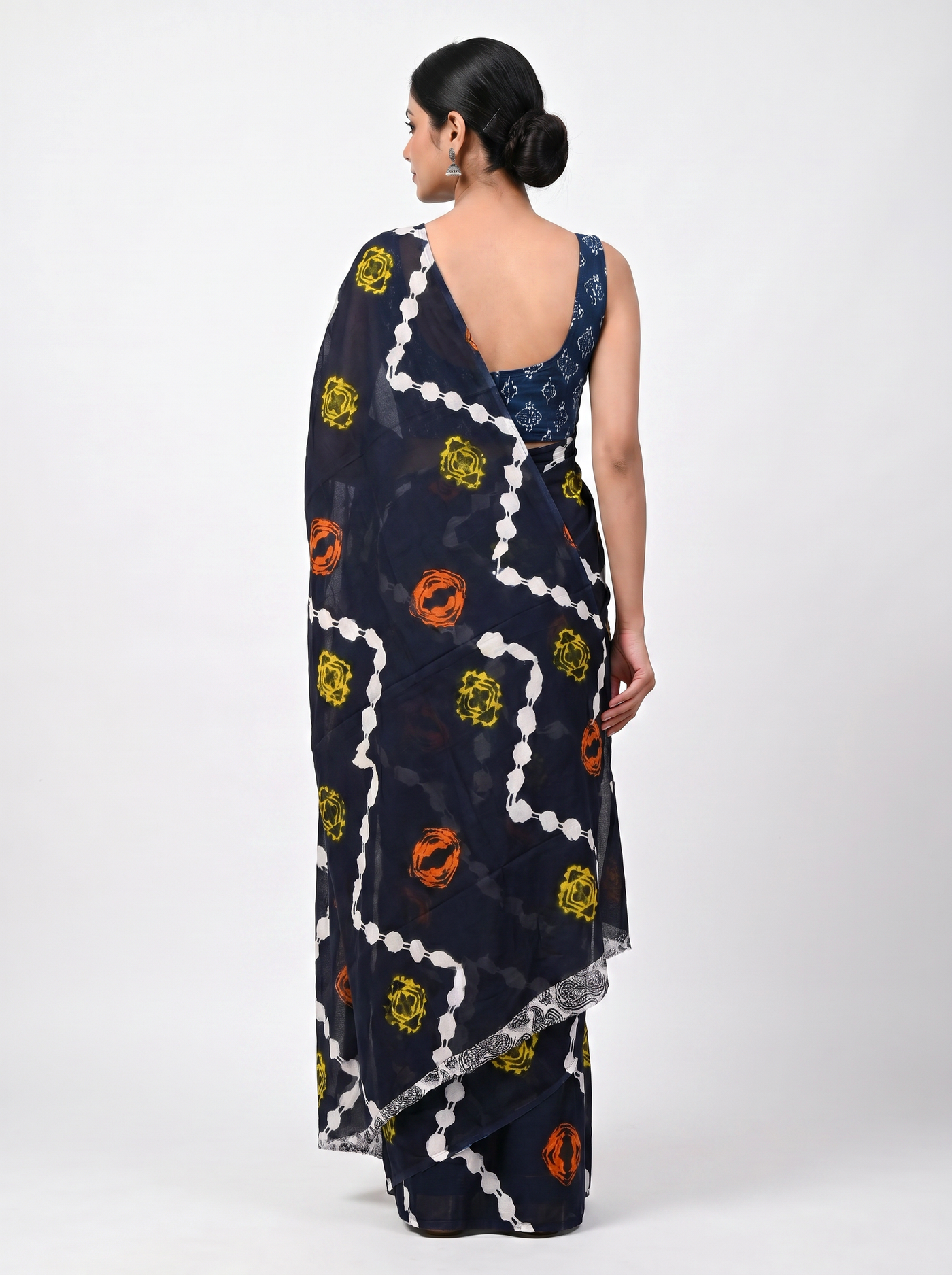 Pure Mulmul Cotton Saree | Ink Blue + Ochre + Black Handblock Print | Summer & Office Wear | With Blouse image 3