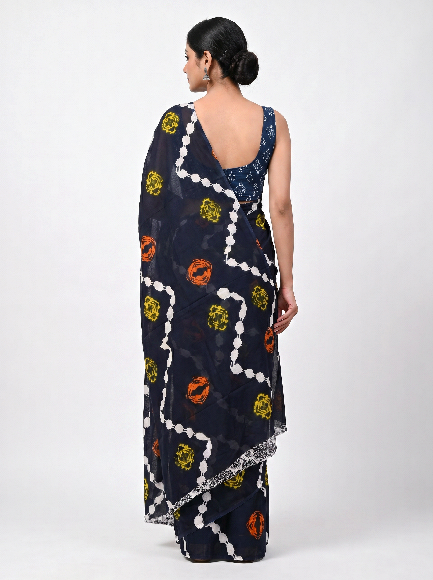 Pure Mulmul Cotton Saree | Ink Blue + Ochre + Black Handblock Print | Summer & Office Wear | With Blouse image 3